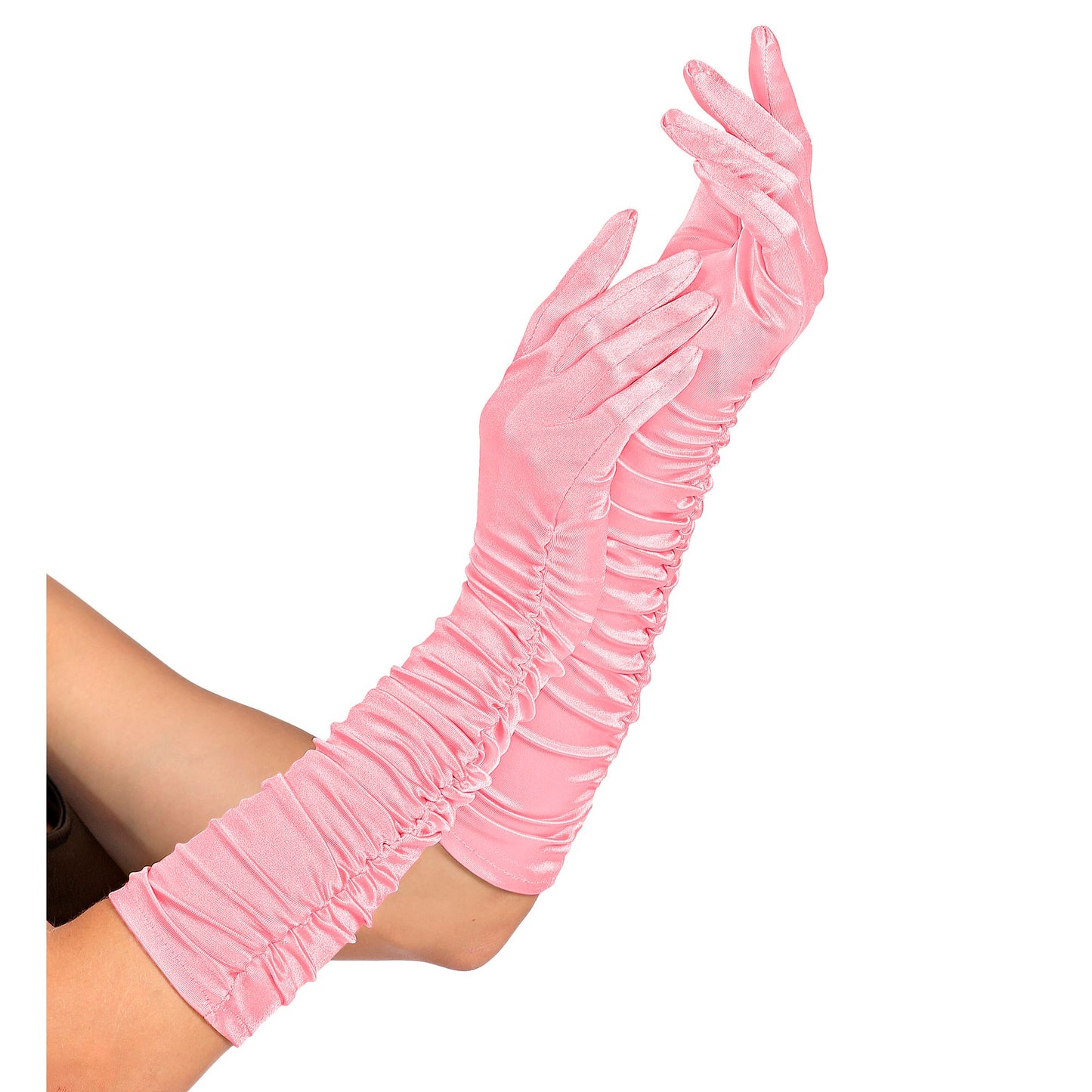 "GERAFFTE ROSA SATIN HANDSCHUHE IN ELASTHAN" 44 cm – Vorderansicht