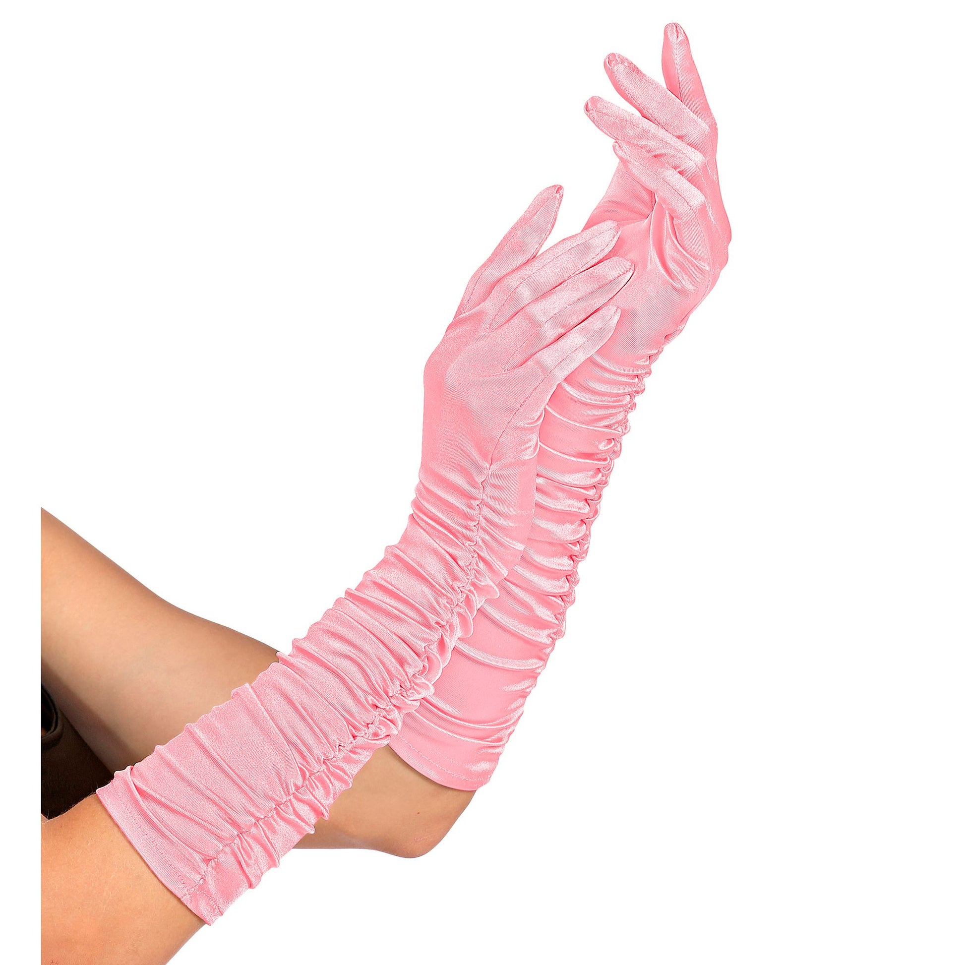 "GERAFFTE ROSA SATIN HANDSCHUHE IN ELASTHAN" 44 cm – Vorderansicht