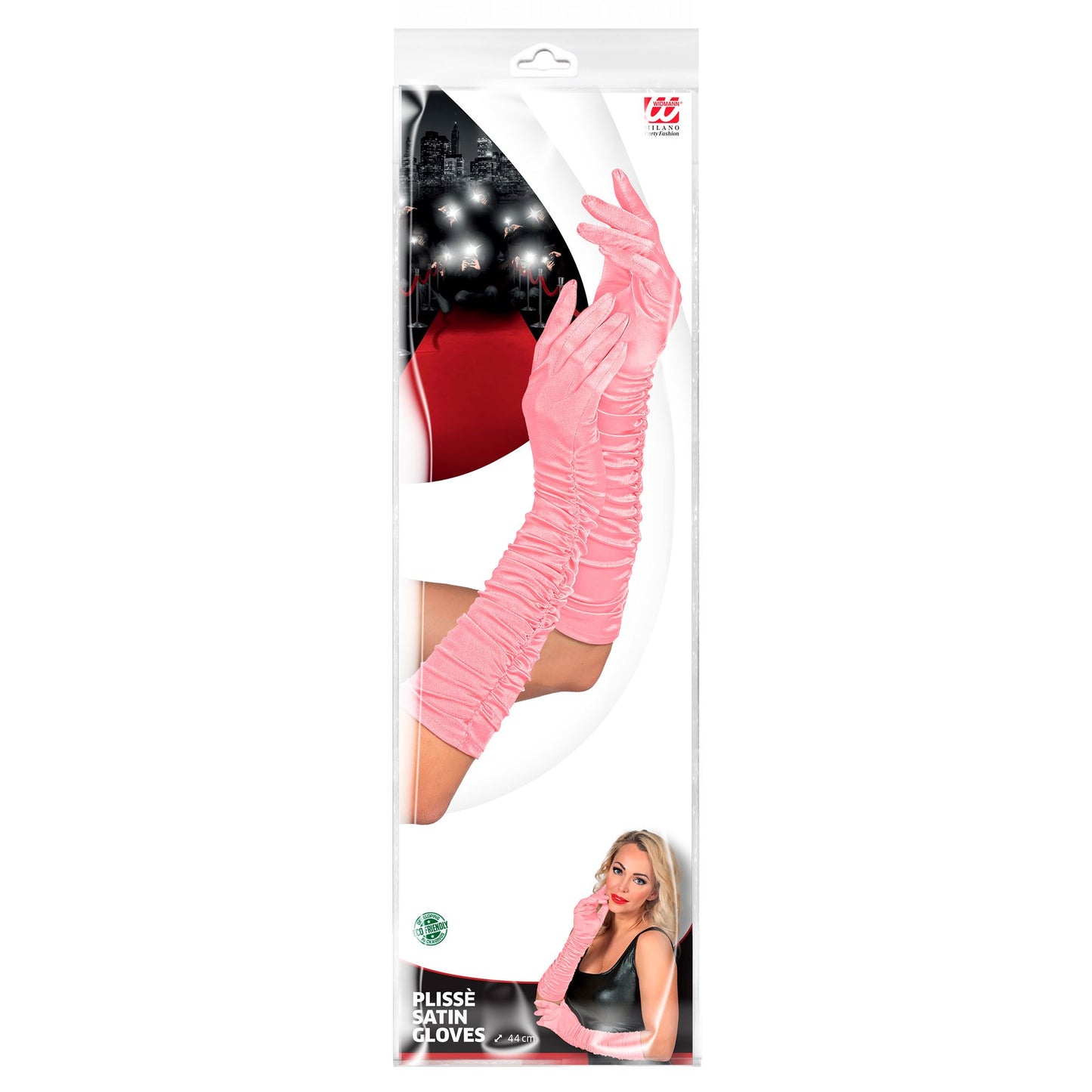 "GERAFFTE ROSA SATIN HANDSCHUHE IN ELASTHAN" 44 cm – Detailansicht