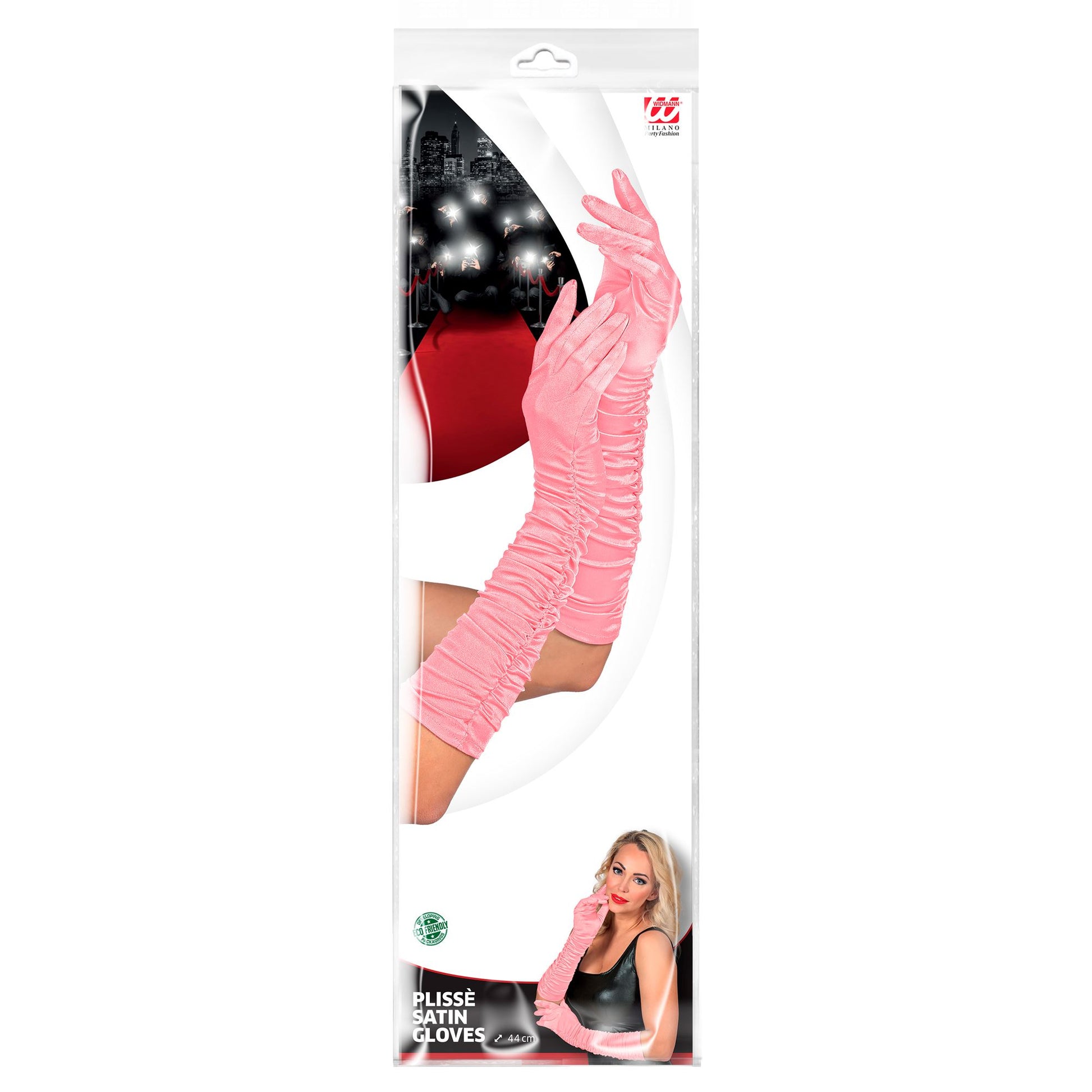 "GERAFFTE ROSA SATIN HANDSCHUHE IN ELASTHAN" 44 cm – Detailansicht