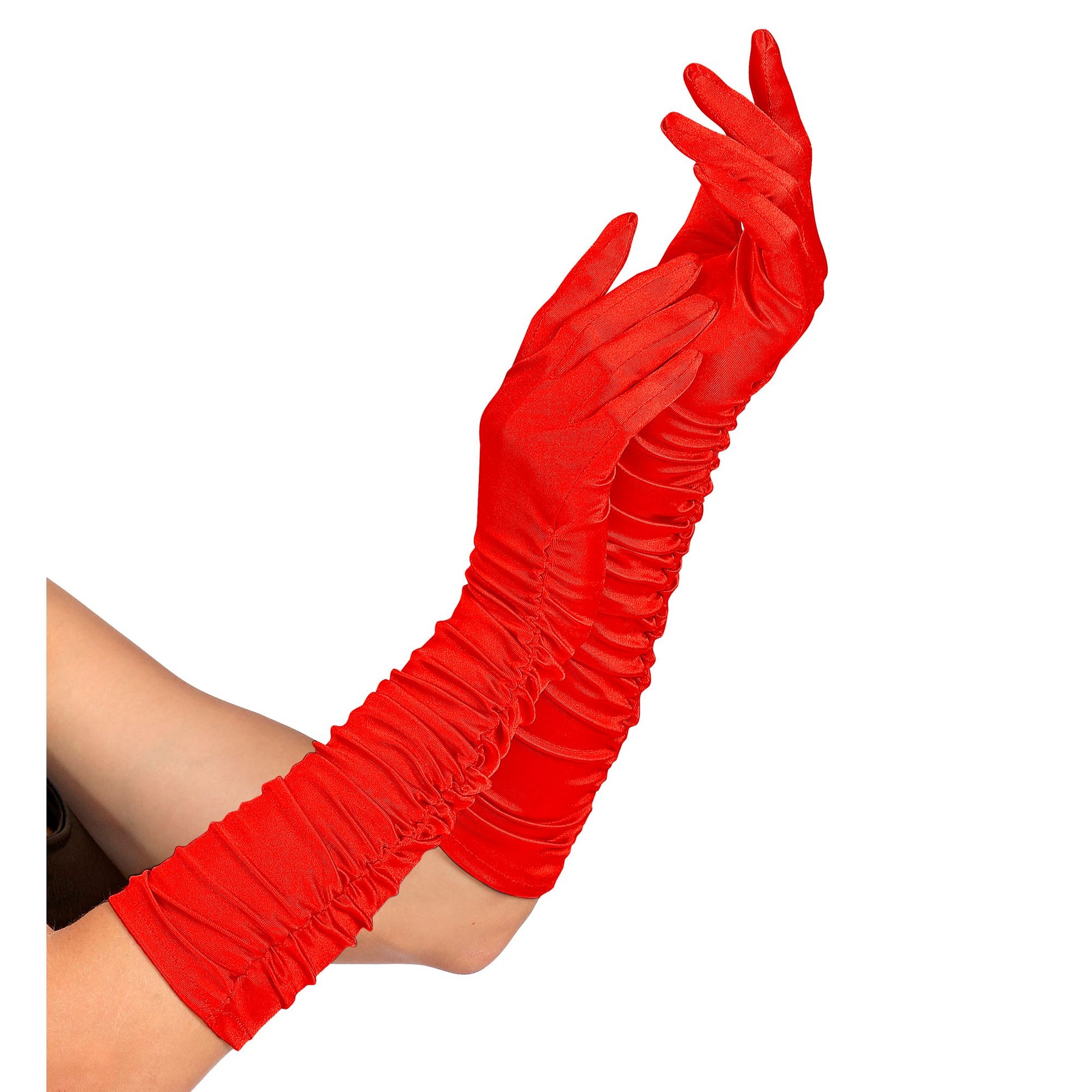 "GERAFFTE ROTE SATIN HANDSCHUHE IN ELASTHAN" 44 cm – Vorderansicht