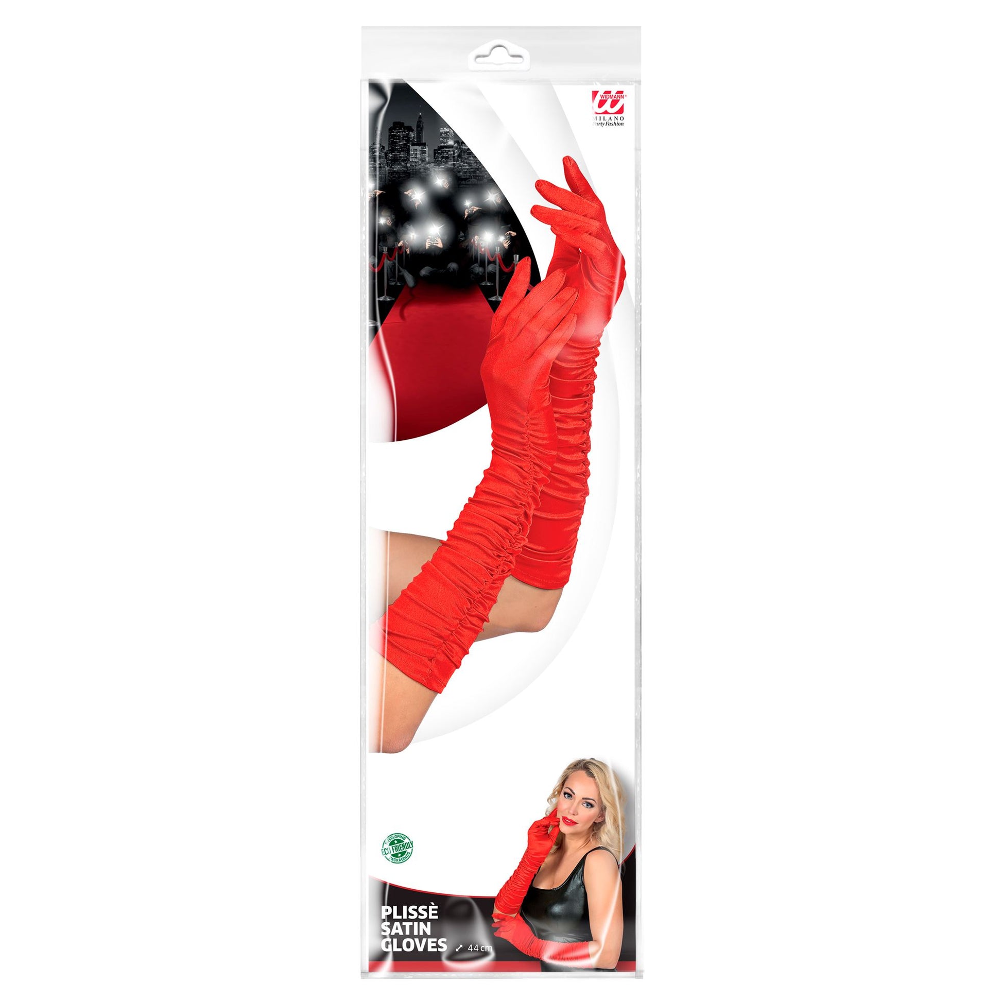 "GERAFFTE ROTE SATIN HANDSCHUHE IN ELASTHAN" 44 cm – Detailansicht