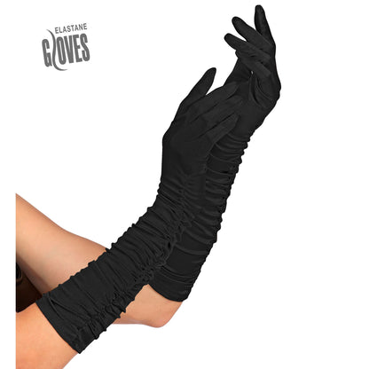 "GERAFFTE SCHWARZE LANGE HANDSCHUHE IN ELASTHAN" 40 cm - passend auch für Männer – Vorderansicht
