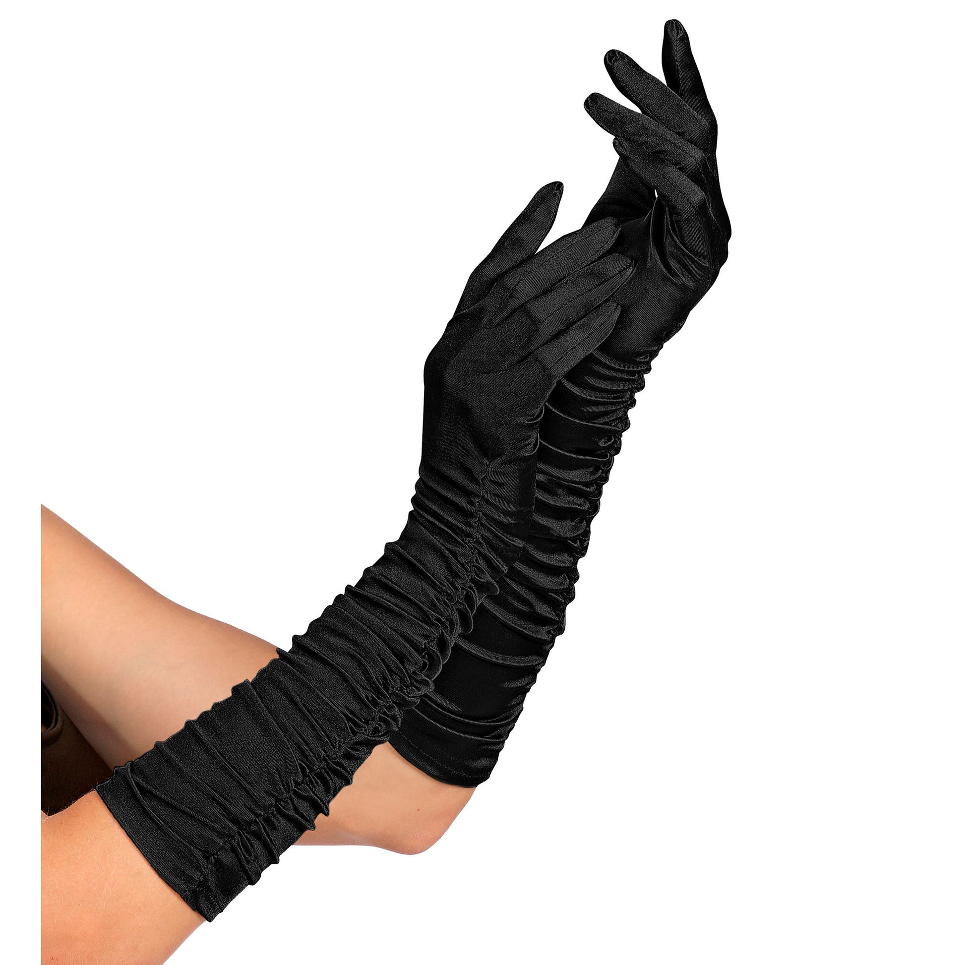 "GERAFFTE SCHWARZE SATIN HANDSCHUHE IN ELASTHAN" 44 cm – Vorderansicht