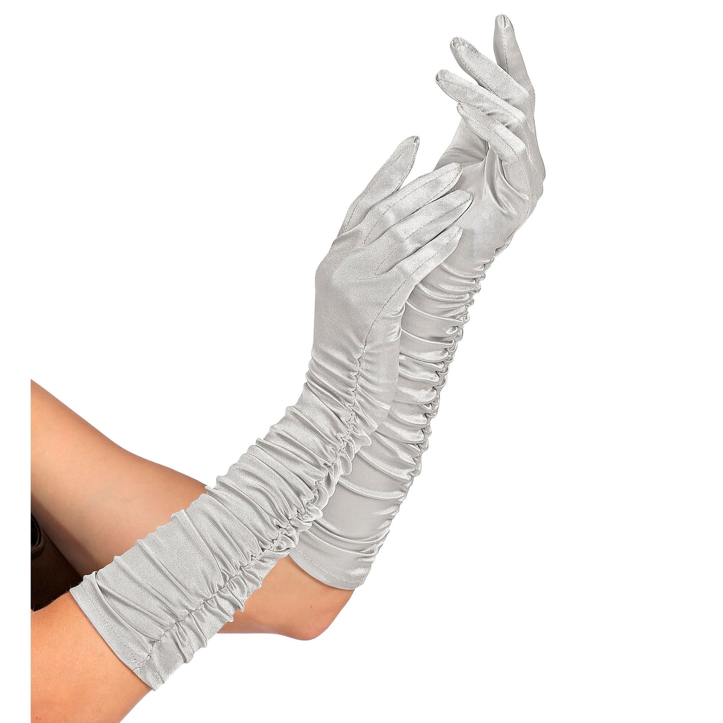 "GERAFFTE SILBERNE SATIN HANDSCHUHE IN ELASTHAN" 44 cm – Vorderansicht