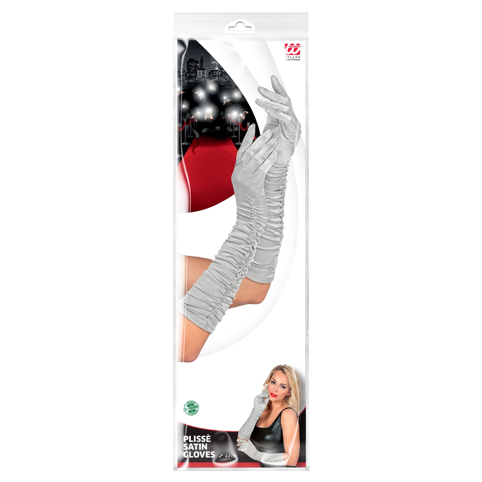 "GERAFFTE SILBERNE SATIN HANDSCHUHE IN ELASTHAN" 44 cm – Detailansicht