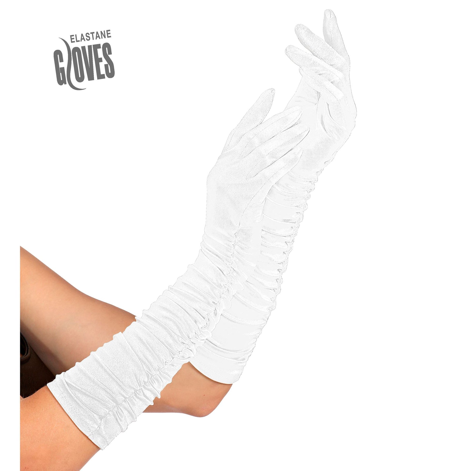 "GERAFFTE WEISSE LANGE HANDSCHUHE IN ELASTHAN" 40 cm - passend auch für Männer – Vorderansicht