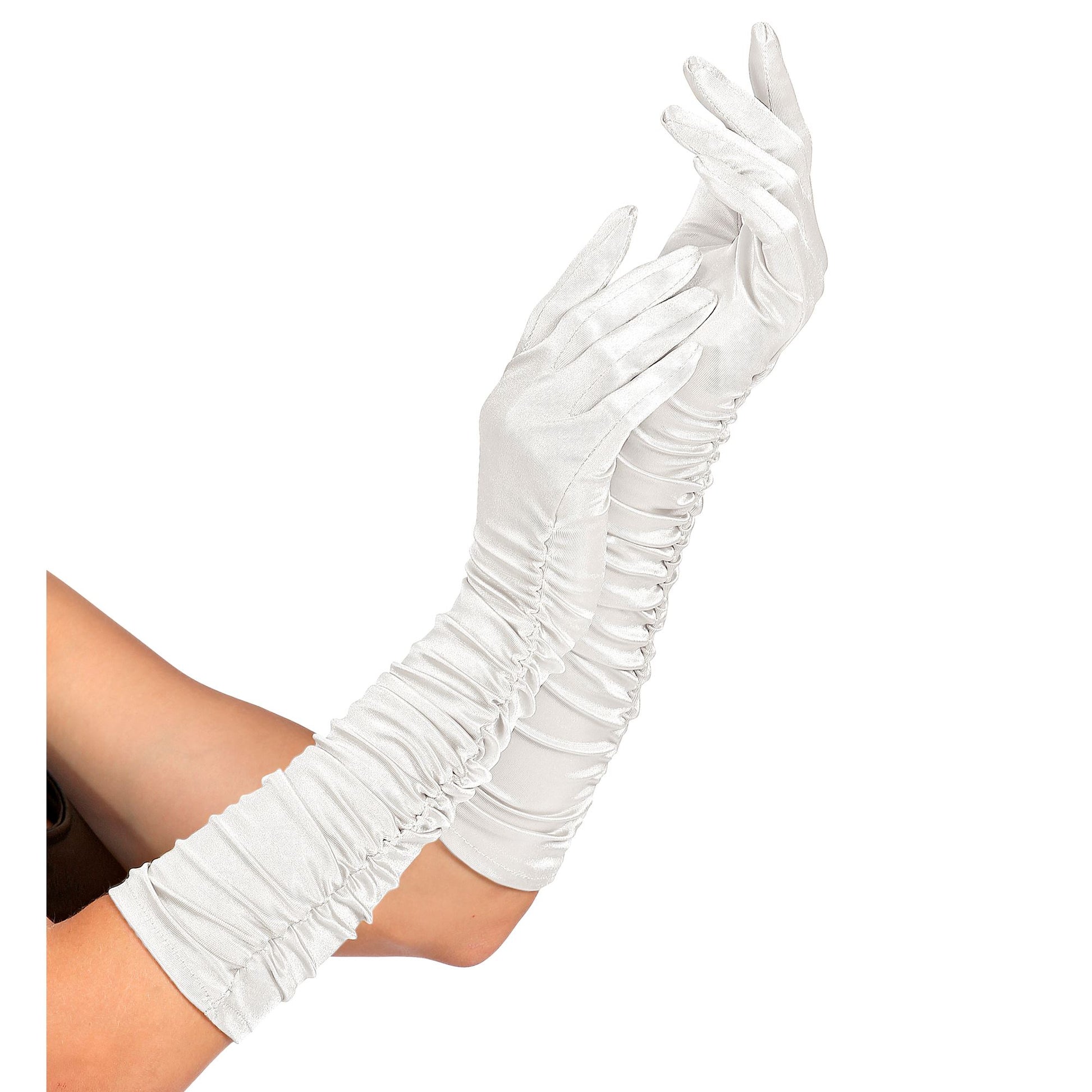"GERAFFTE WEISSE SATIN HANDSCHUHE IN ELASTHAN" 44 cm – Vorderansicht