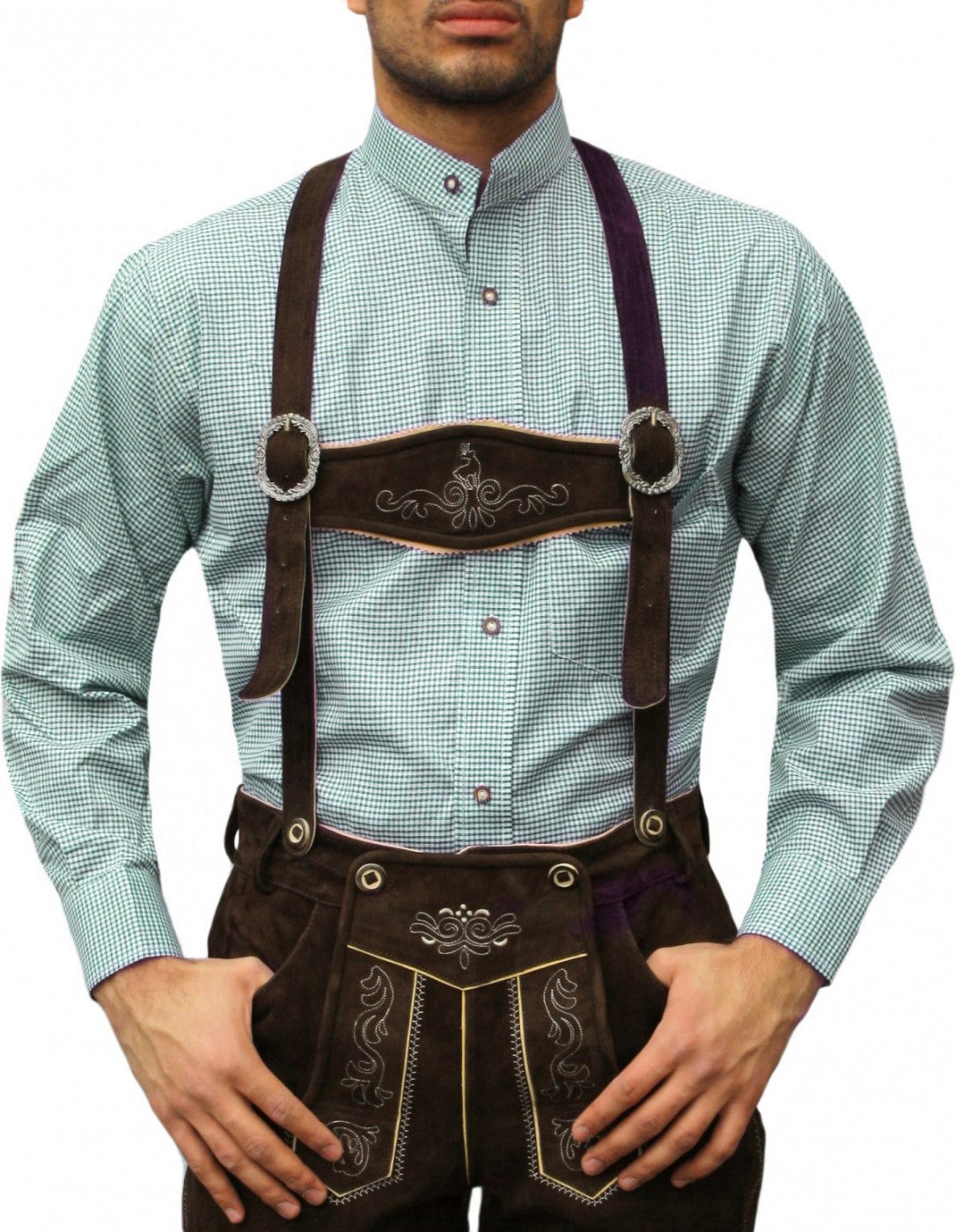 Trachtenhemd Grün Kariert – German Wear Herrenhemd Langarm Stehkragen - Fasnacht24.ch
