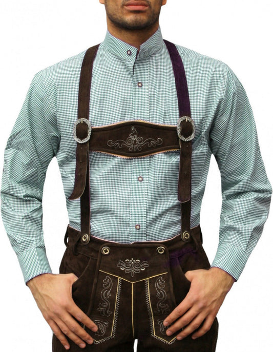 Trachtenhemd Grün Kariert – German Wear Herrenhemd Langarm Stehkragen - Fasnacht24.ch