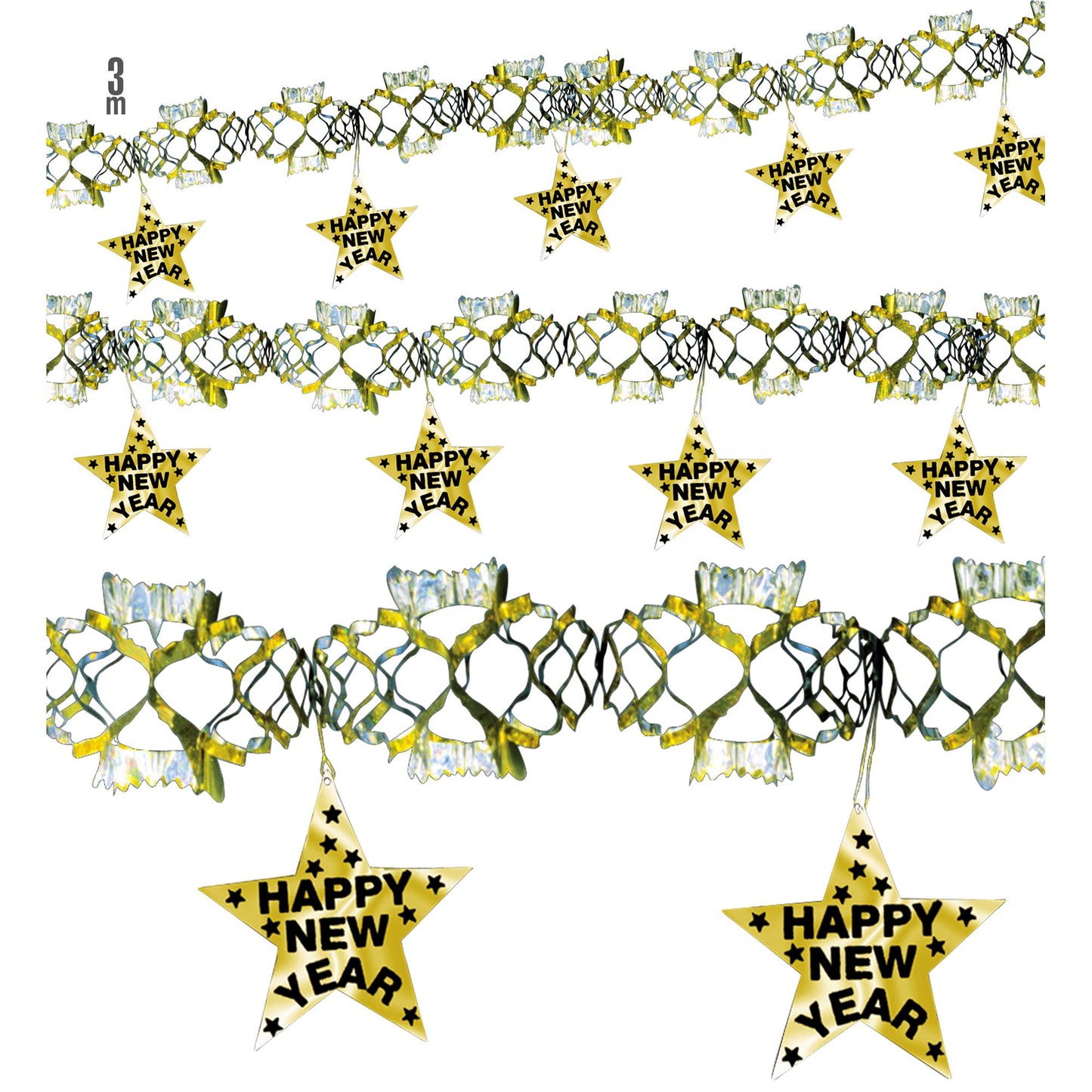 "GIRLANDE HAPPY NEW YEAR GOLD HOLOGRAFISCH" 3 m – Vorderansicht