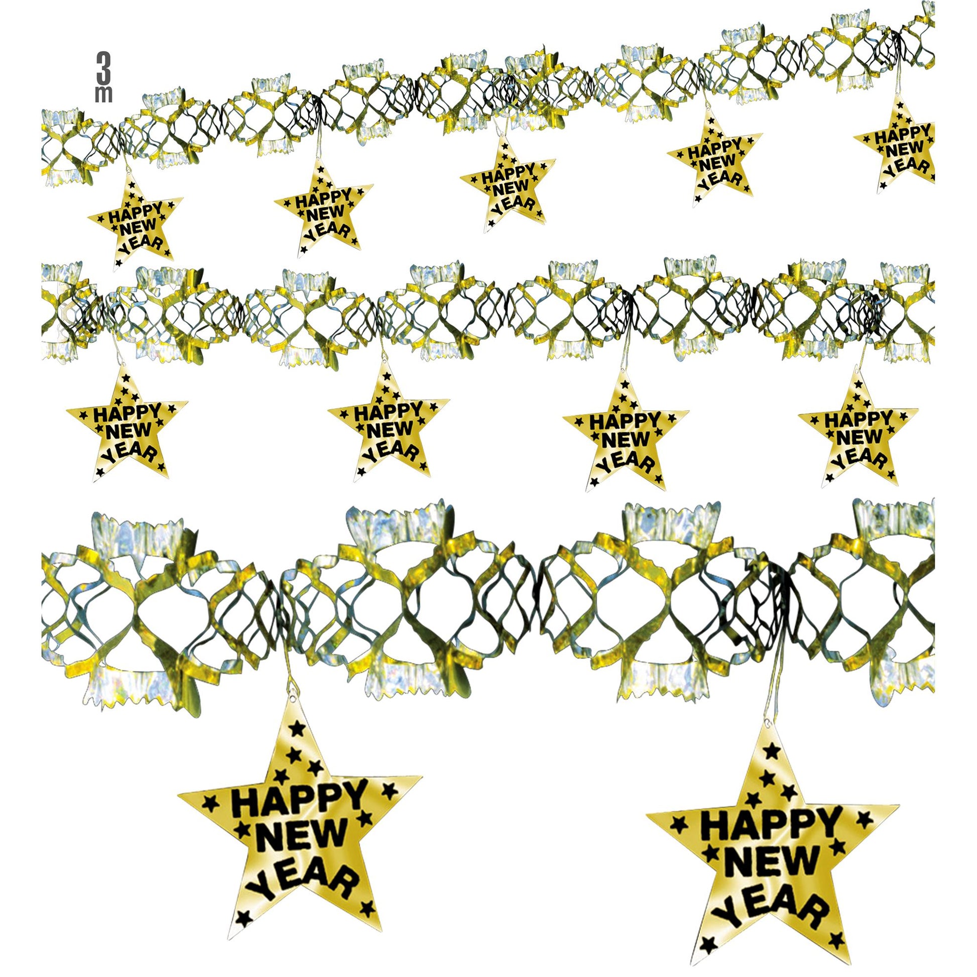 "GIRLANDE HAPPY NEW YEAR GOLD HOLOGRAFISCH" 3 m – Vorderansicht