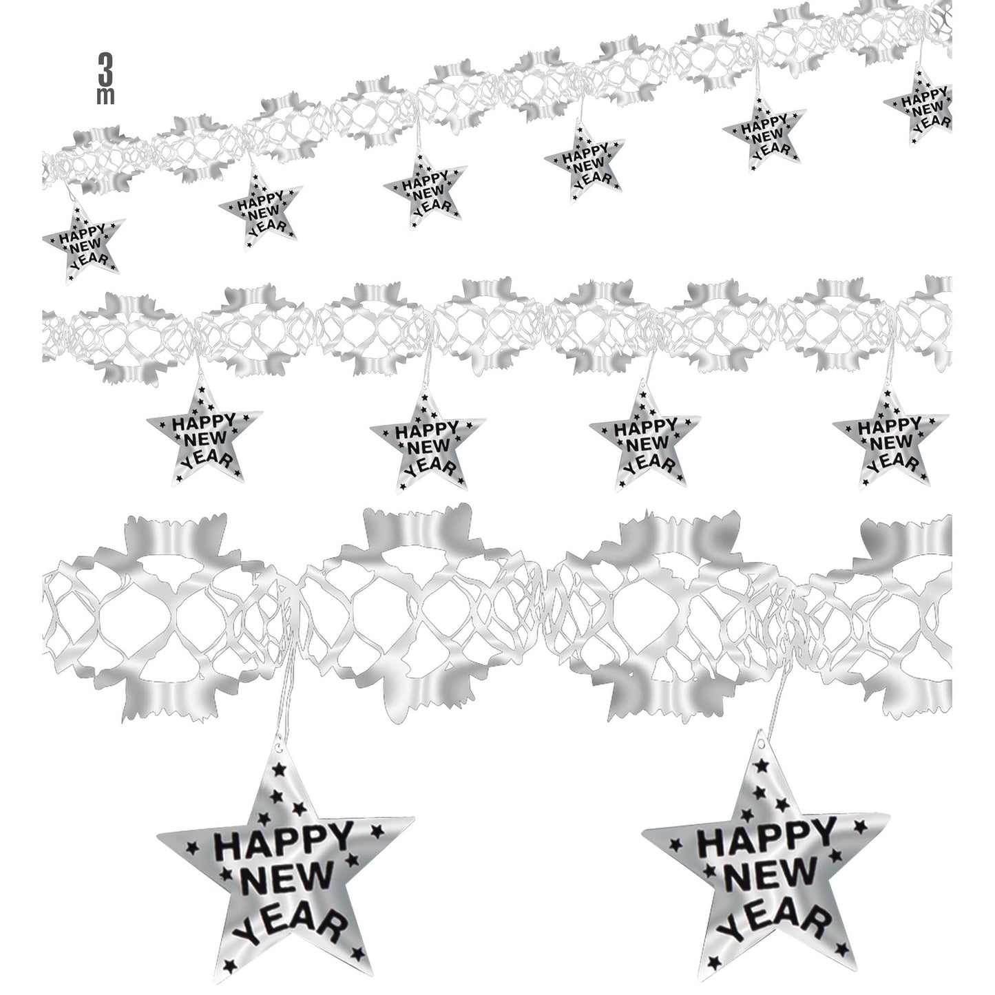 "GIRLANDE HAPPY NEW YEAR SILBER HOLOGRAFISCH" 3 m – Vorderansicht