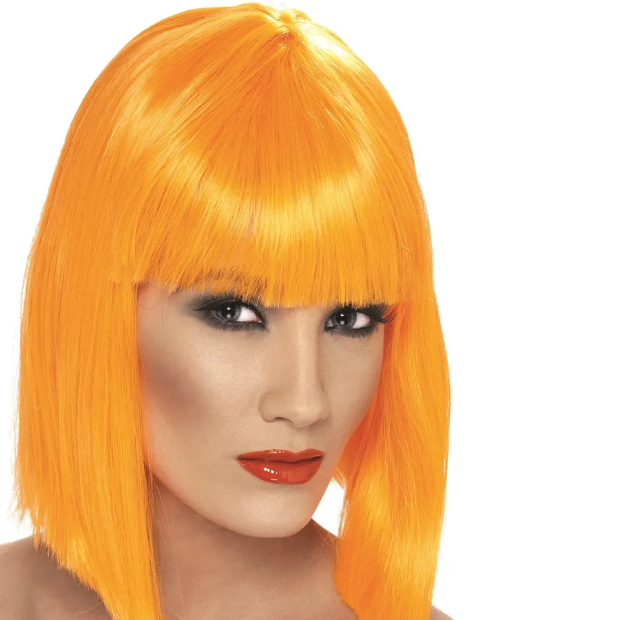 Smiffys Damenperücke Neon Orange Kurz Bob mit Pony aus synthetischem Material