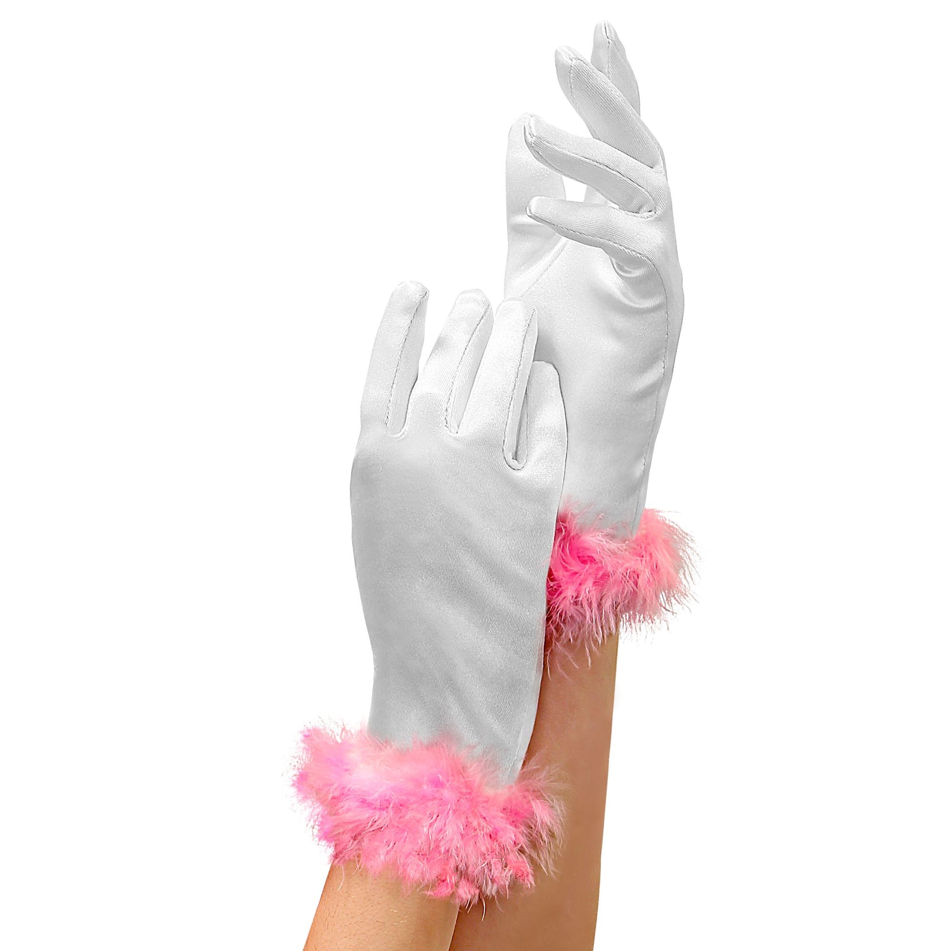 "GLAMOUR HANDSCHUHE AUS SATIN MIT MARABOU VERZIERUNG" in Kindergröße – Vorderansicht