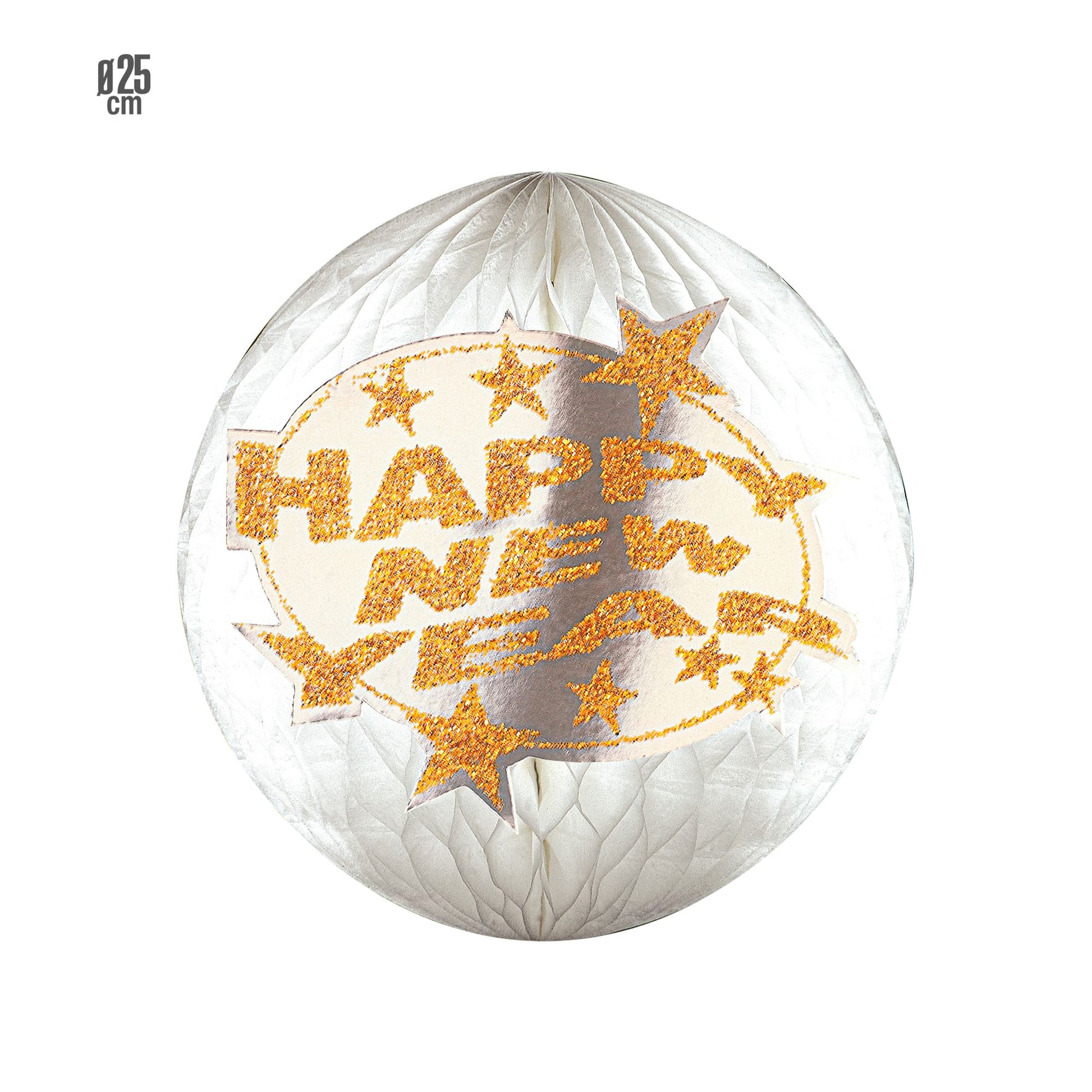 "GLOBUS WABENBALL HAPPY NEW YEAR HOLOGRAFISCH " Ø 25 cm - gold und silber – Vorderansicht