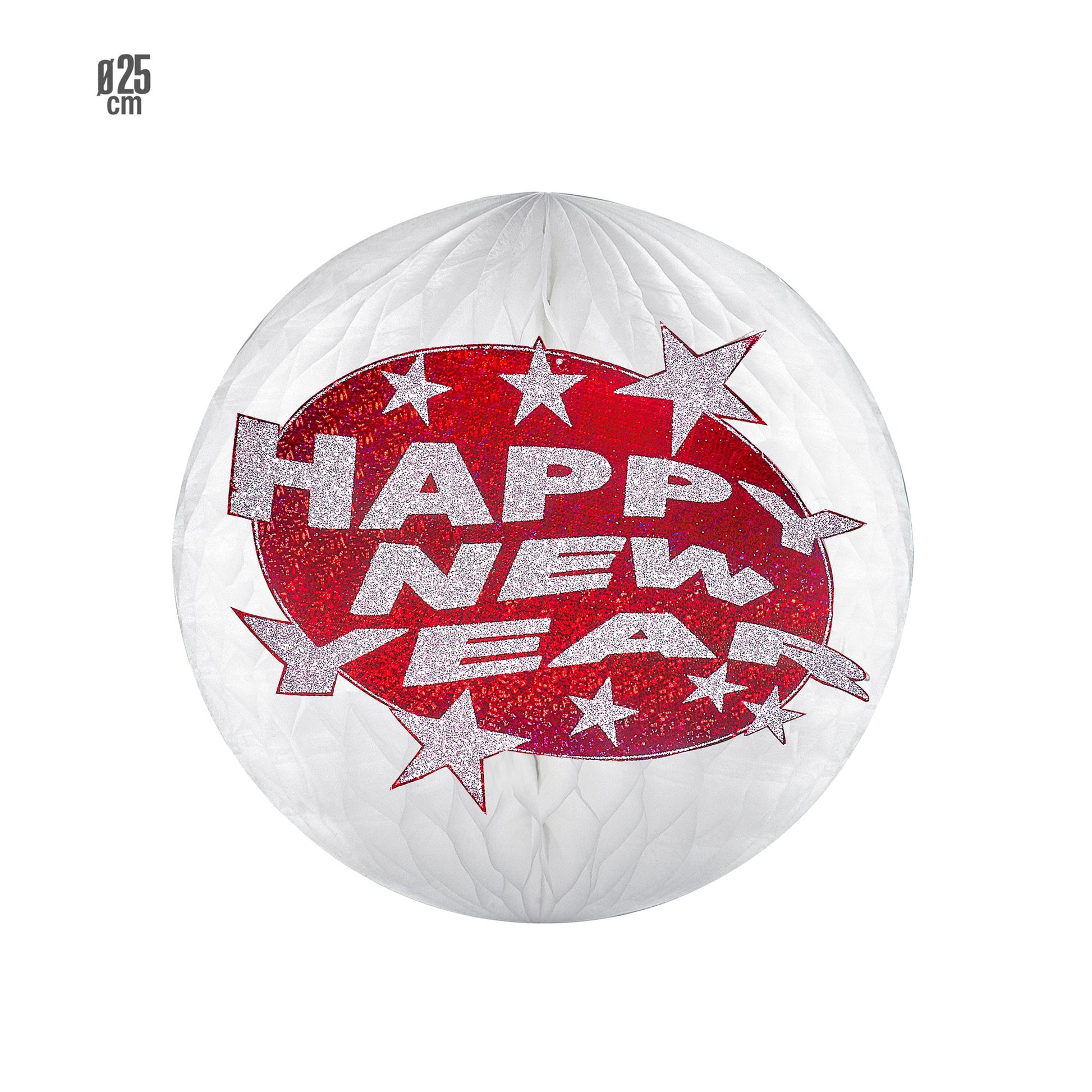 "GLOBUS WABENBALL HAPPY NEW YEAR HOLOGRAFISCH MIT ROTEM " Ø 25 cm – Vorderansicht