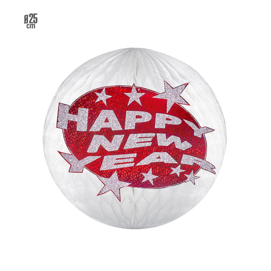 "GLOBUS WABENBALL HAPPY NEW YEAR HOLOGRAFISCH MIT ROTEM " Ø 25 cm – Vorderansicht