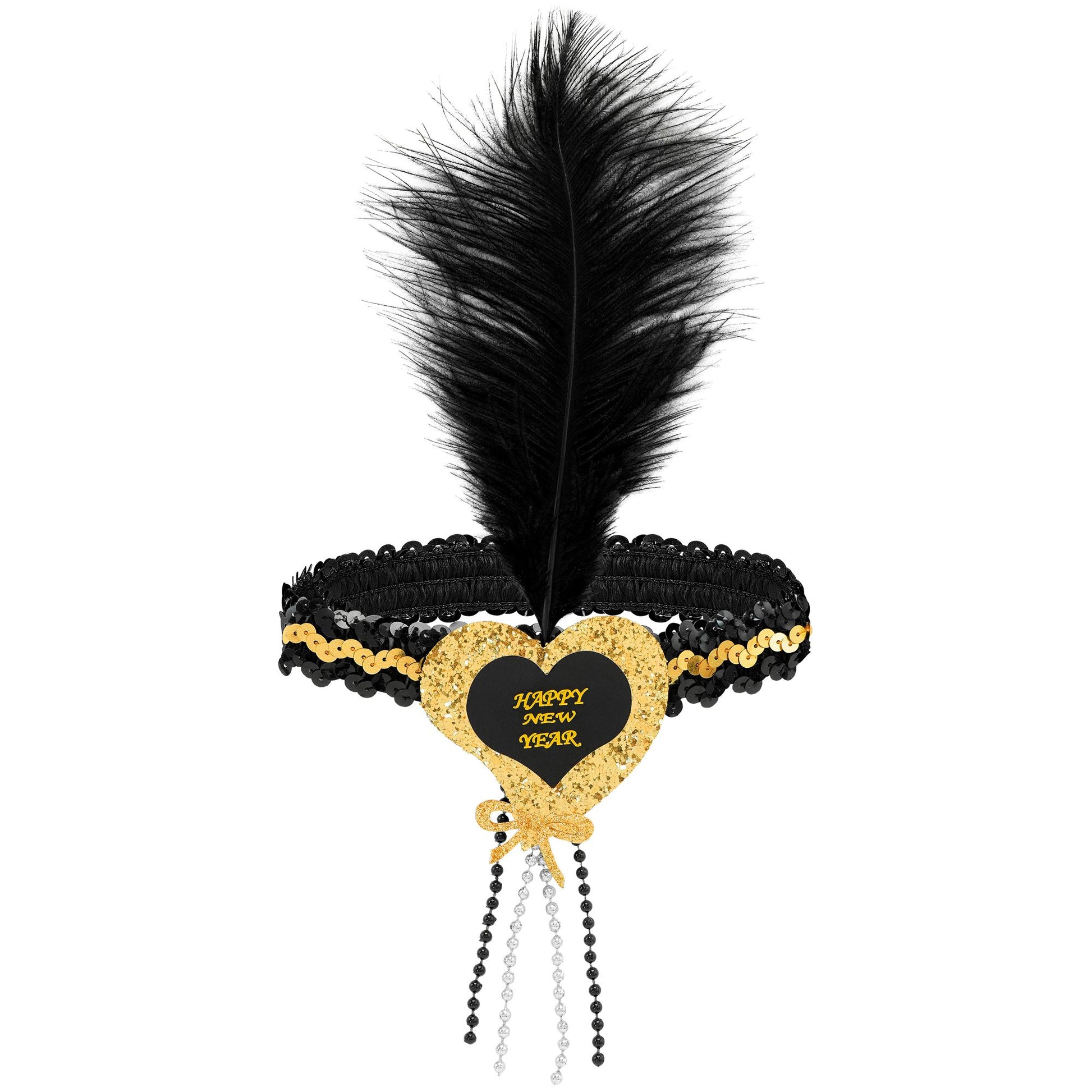 "GOLD-SCHWARZES HAARBAND MIT HERZ HAPPY NEW YEAR AUS SEQUIN UND MIT FEDER" – Vorderansicht