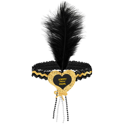 "GOLD-SCHWARZES HAARBAND MIT HERZ HAPPY NEW YEAR AUS SEQUIN UND MIT FEDER" – Vorderansicht