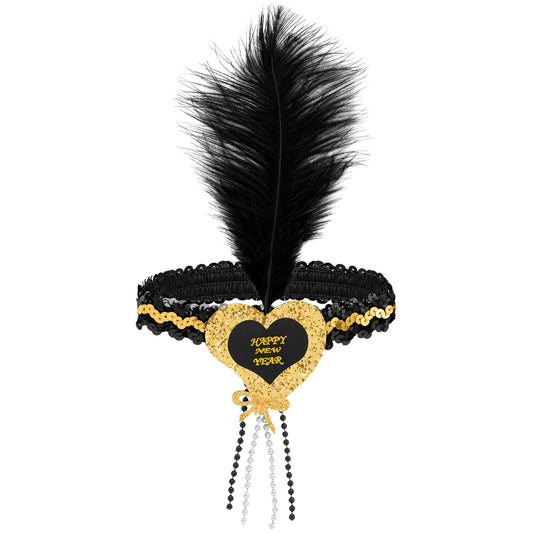 "GOLD-SCHWARZES HAARBAND MIT HERZ HAPPY NEW YEAR AUS SEQUIN UND MIT FEDER" – Vorderansicht