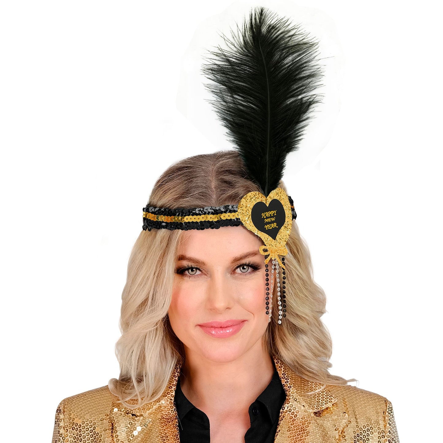 "GOLD-SCHWARZES HAARBAND MIT HERZ HAPPY NEW YEAR AUS SEQUIN UND MIT FEDER" – Detailansicht