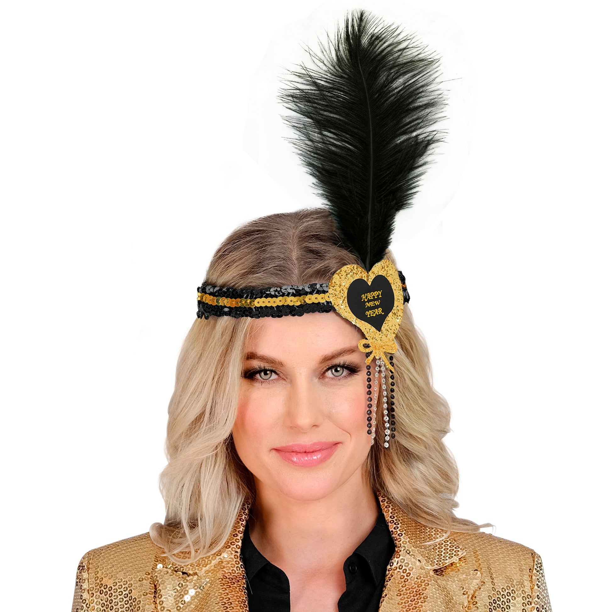 "GOLD-SCHWARZES HAARBAND MIT HERZ HAPPY NEW YEAR AUS SEQUIN UND MIT FEDER" – Detailansicht