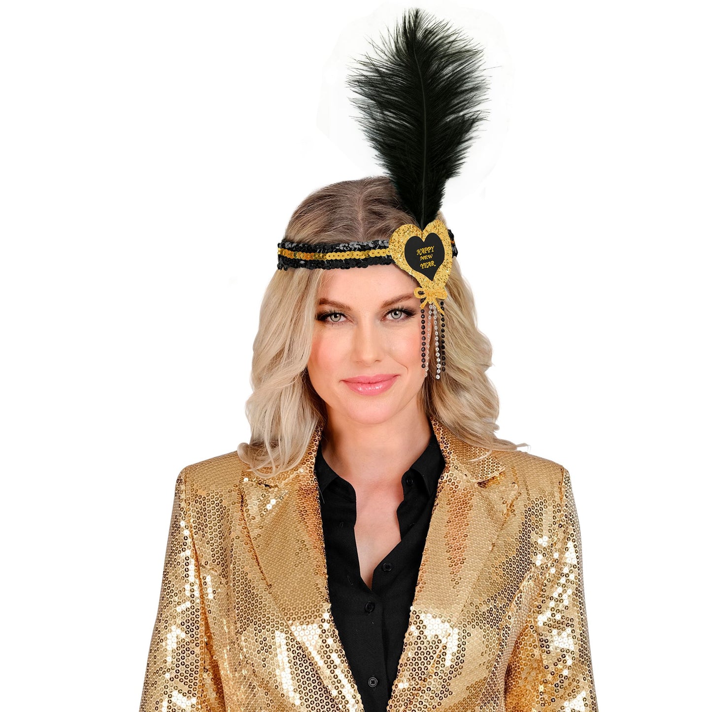 "GOLD-SCHWARZES HAARBAND MIT HERZ HAPPY NEW YEAR AUS SEQUIN UND MIT FEDER" – Ansicht 3