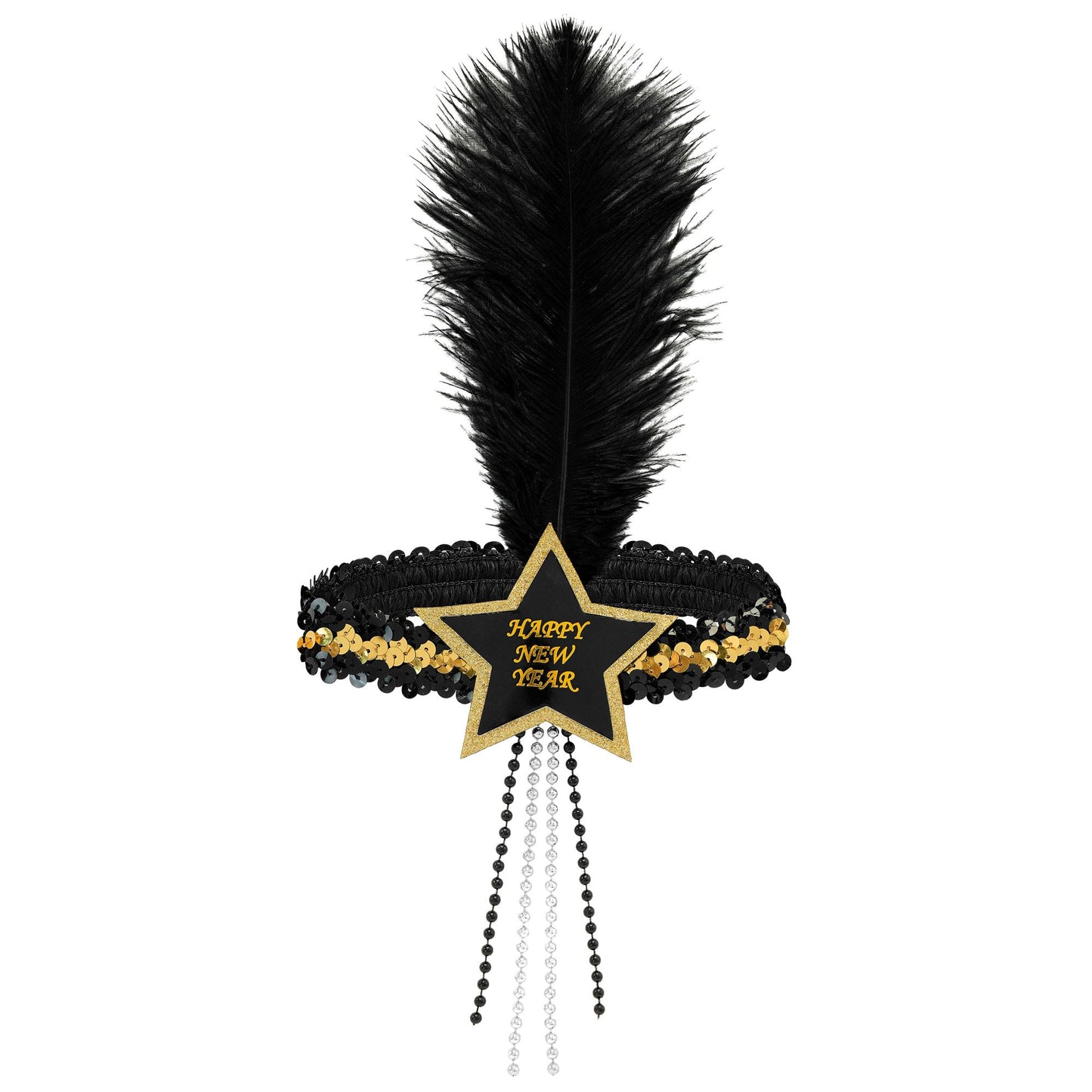 "GOLD-SCHWARZES HAARBAND MIT STERN HAPPY NEW YEAR AUS SEQUIN UND MIT FEDER" – Vorderansicht