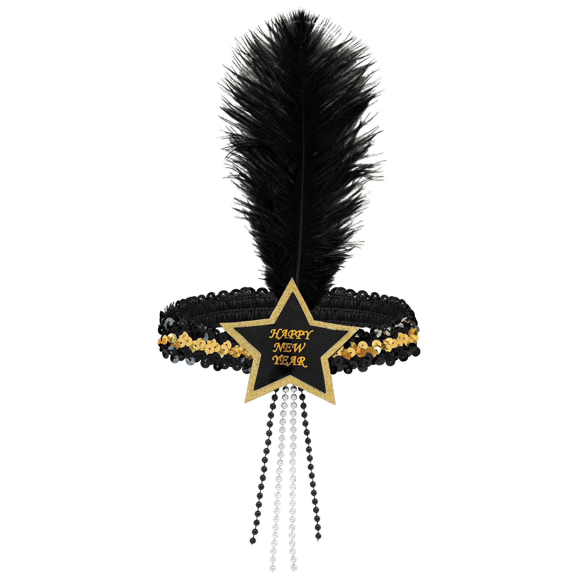"GOLD-SCHWARZES HAARBAND MIT STERN HAPPY NEW YEAR AUS SEQUIN UND MIT FEDER" – Vorderansicht