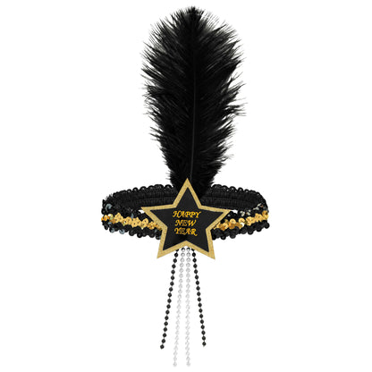 "GOLD-SCHWARZES HAARBAND MIT STERN HAPPY NEW YEAR AUS SEQUIN UND MIT FEDER" – Vorderansicht