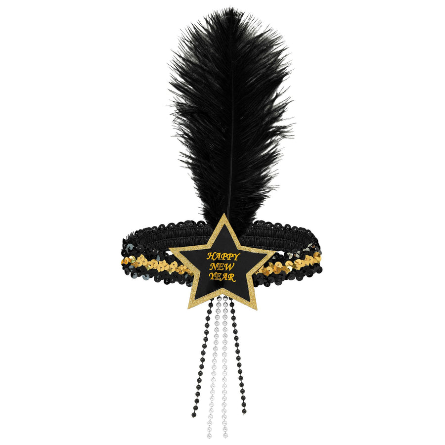 "GOLD-SCHWARZES HAARBAND MIT STERN HAPPY NEW YEAR AUS SEQUIN UND MIT FEDER" – Vorderansicht