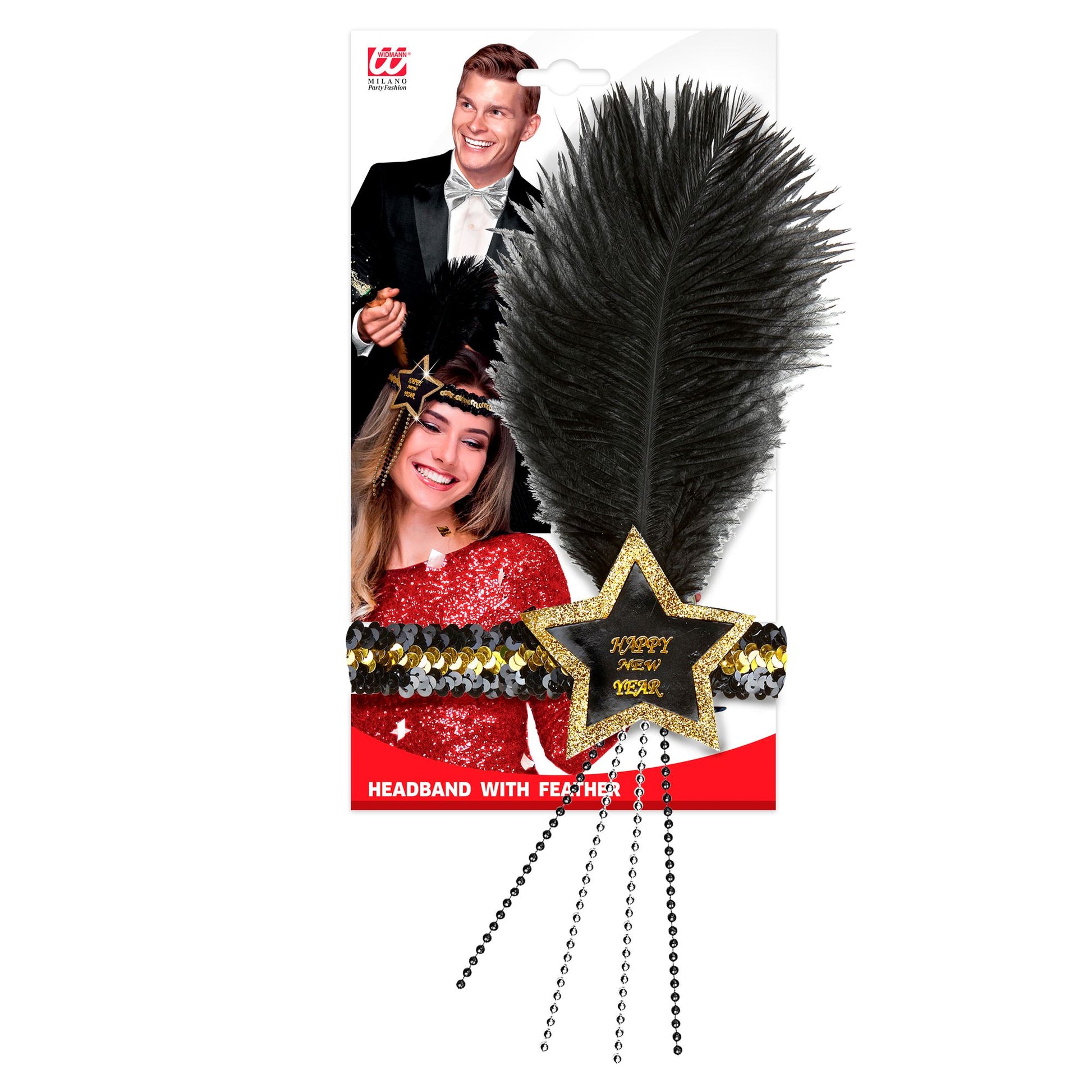 "GOLD-SCHWARZES HAARBAND MIT STERN HAPPY NEW YEAR AUS SEQUIN UND MIT FEDER" – Detailansicht