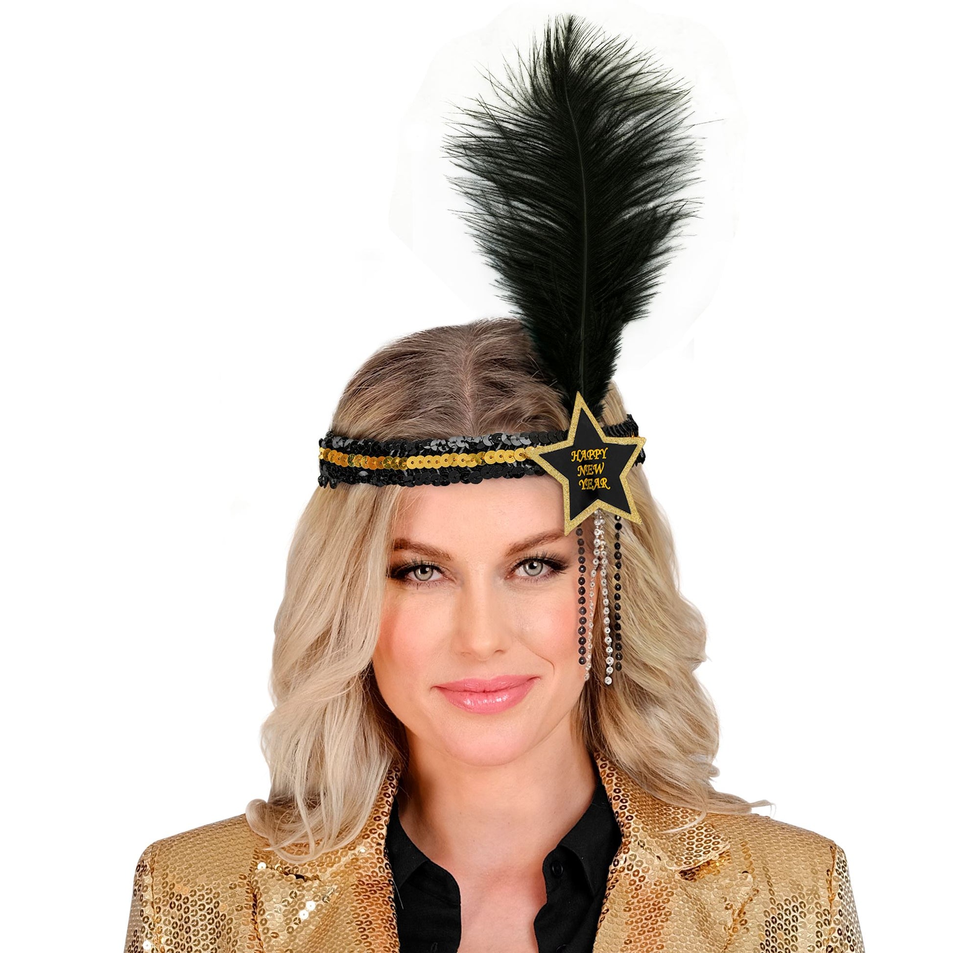 "GOLD-SCHWARZES HAARBAND MIT STERN HAPPY NEW YEAR AUS SEQUIN UND MIT FEDER" – Ansicht 3