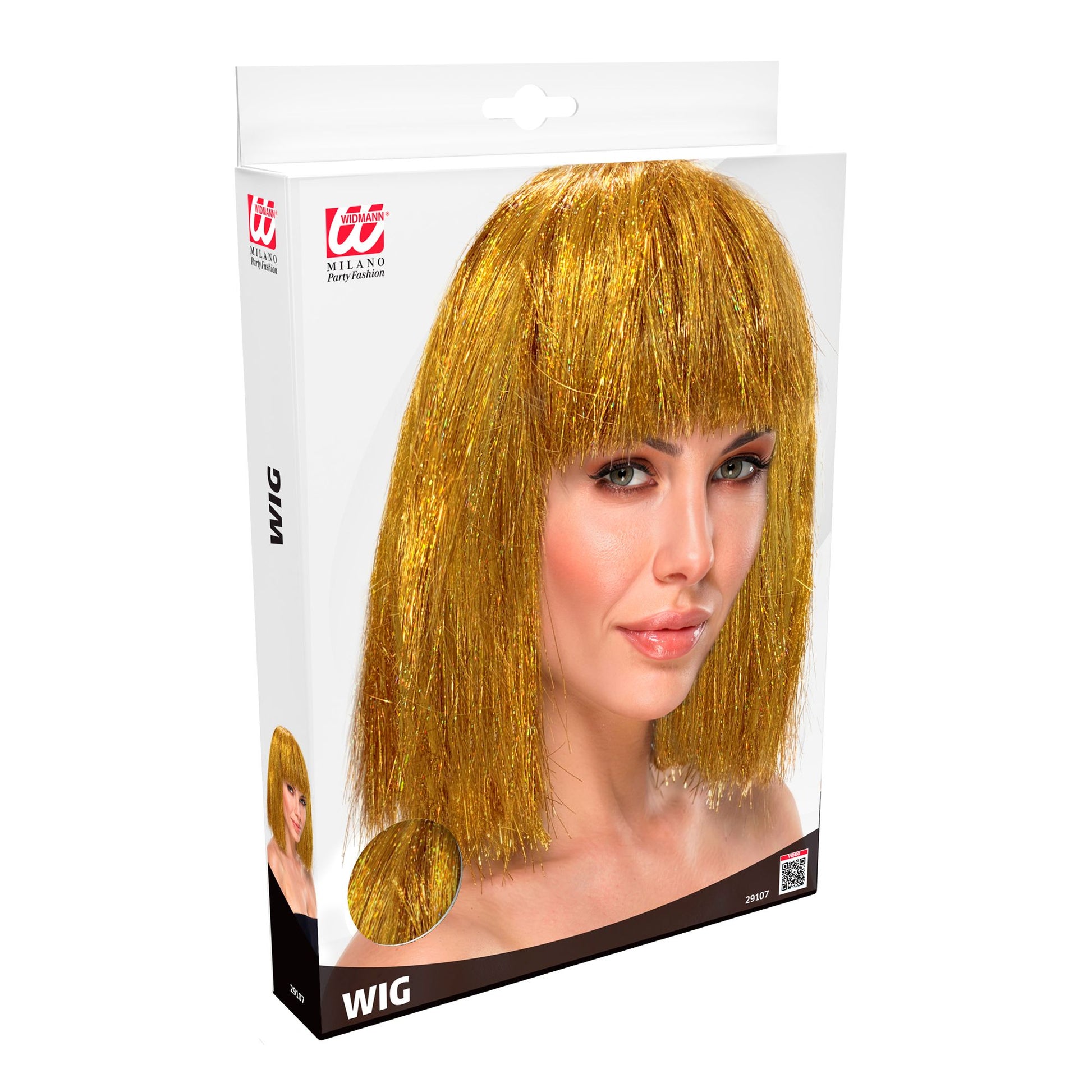 "GOLDENE GLITZY PERÜCKE" in box – Detailansicht