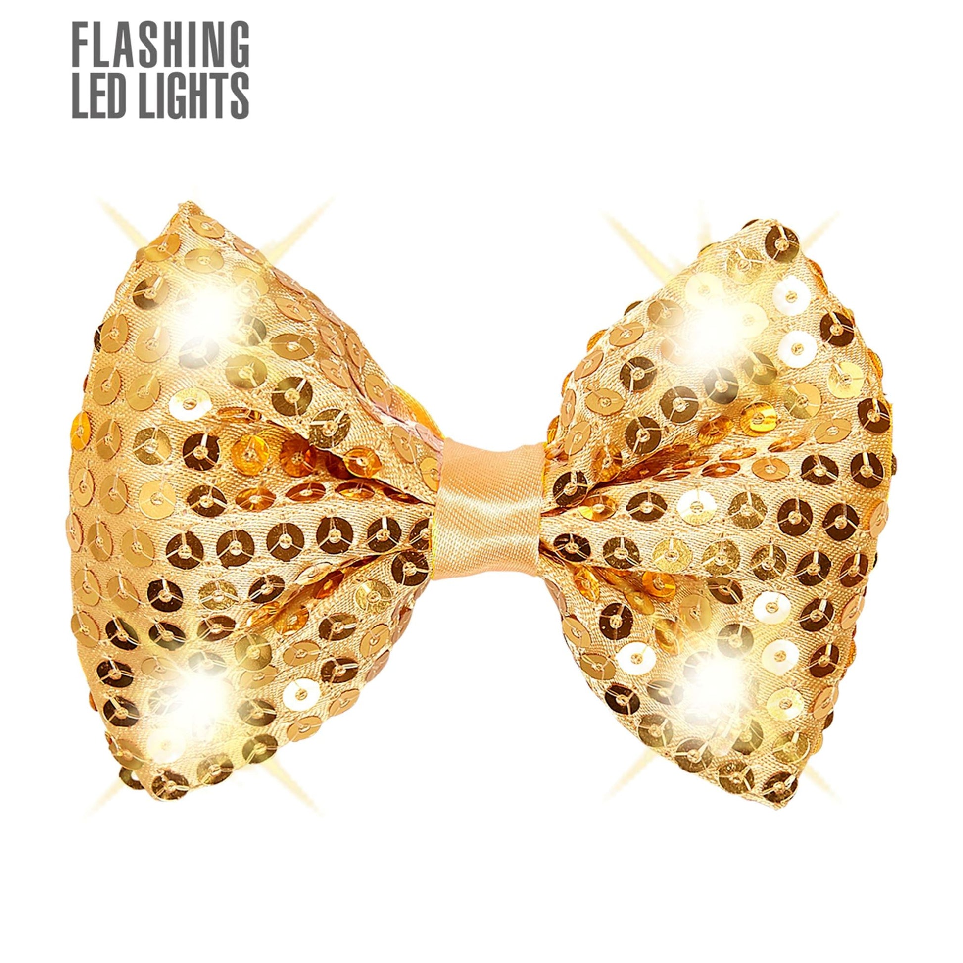 "GOLDENE PAILLETTENFLIEGE MIT 4 LED LICHTERN" regulierbar – Vorderansicht