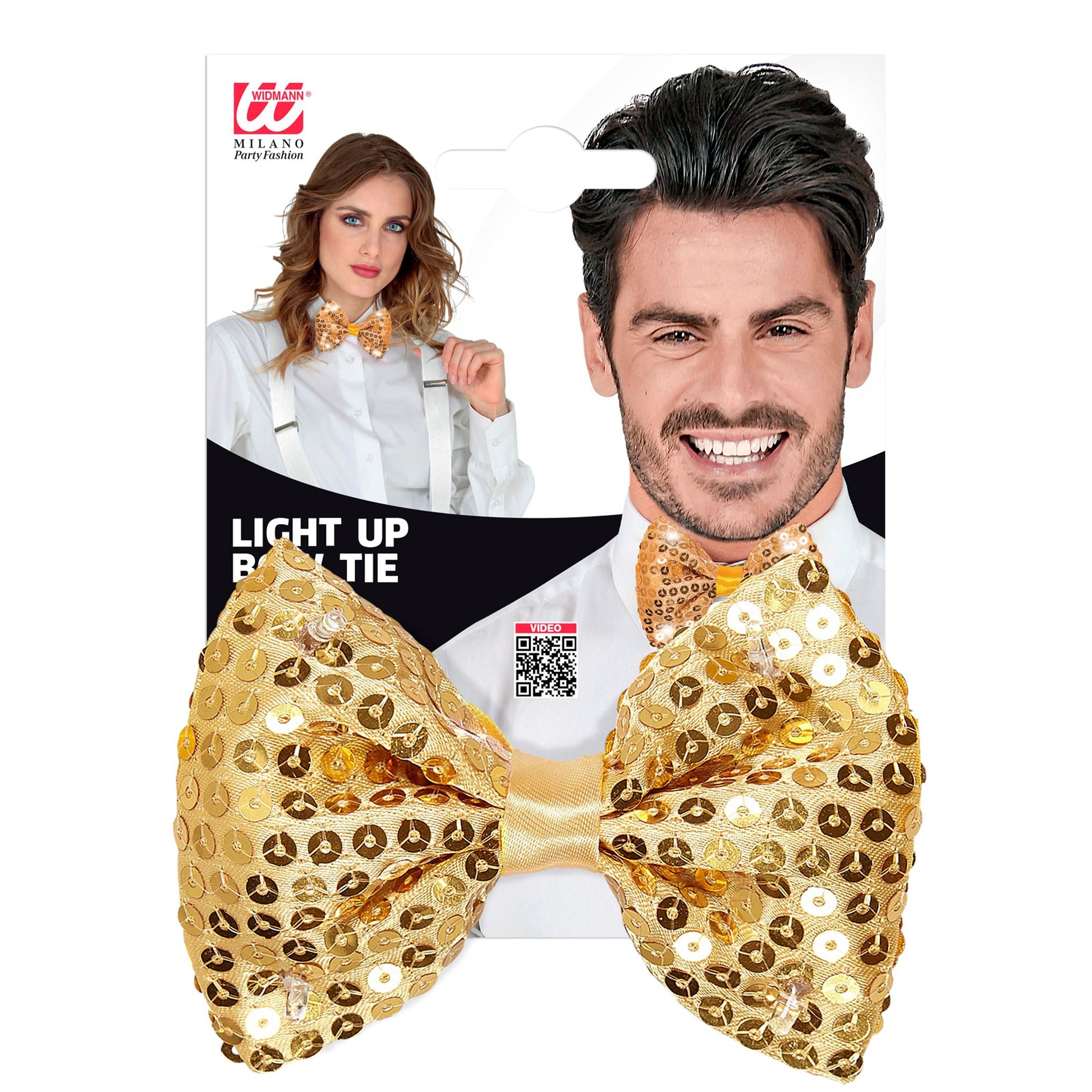 "GOLDENE PAILLETTENFLIEGE MIT 4 LED LICHTERN" regulierbar – Detailansicht