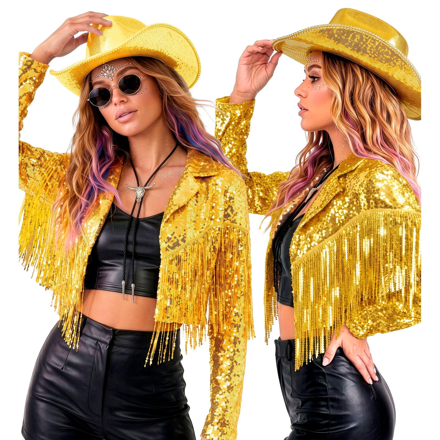 "GOLDENE PAILLETTENJACKE MIT FRANSEN" – Vorderansicht