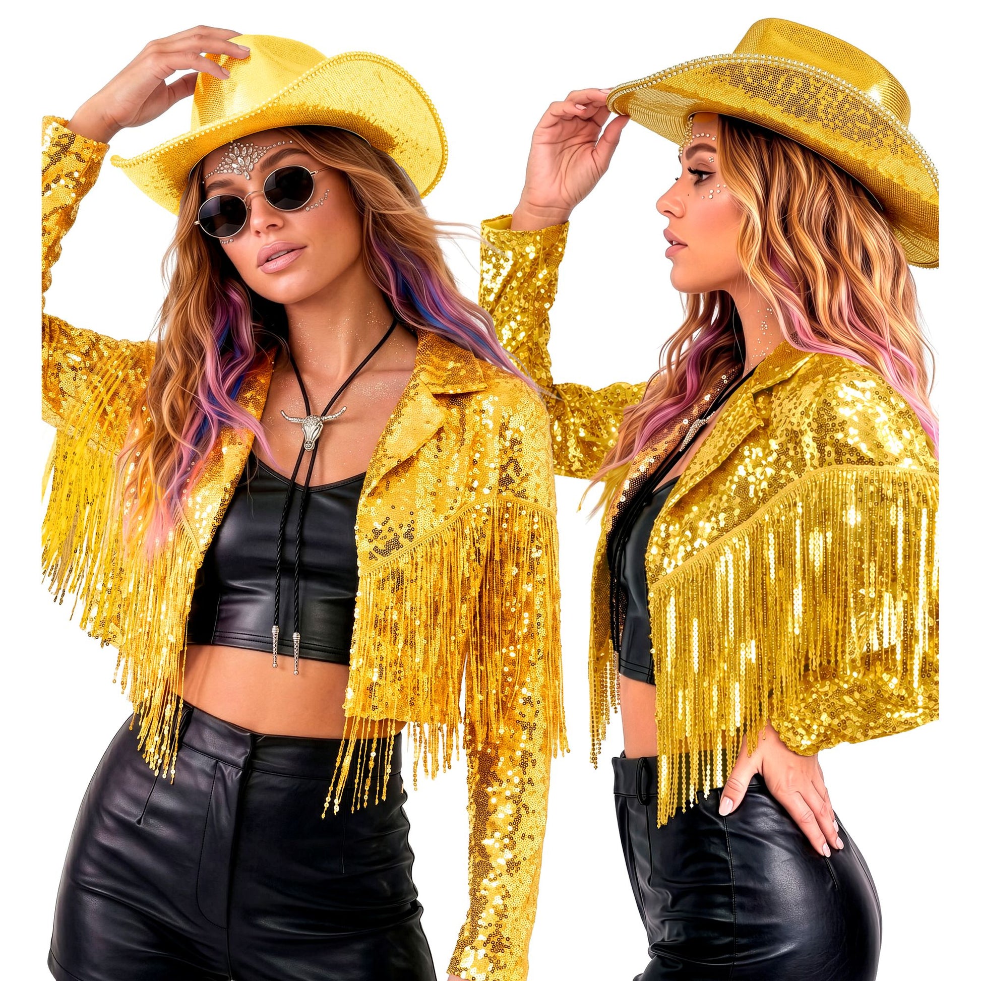"GOLDENE PAILLETTENJACKE MIT FRANSEN" – Vorderansicht