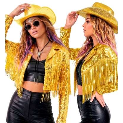 "GOLDENE PAILLETTENJACKE MIT FRANSEN" – Vorderansicht