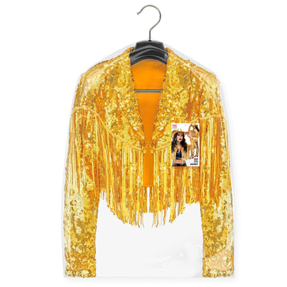 "GOLDENE PAILLETTENJACKE MIT FRANSEN" – Detailansicht