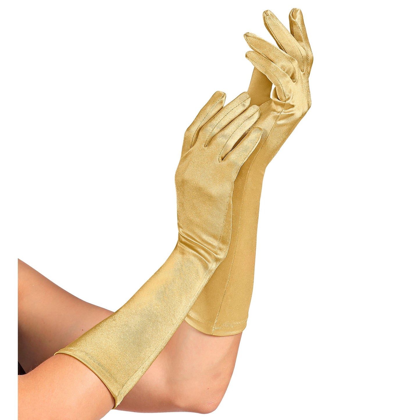 "GOLDENE SATIN HANDSCHUHE IN ELASTHAN" 40 cm – Vorderansicht