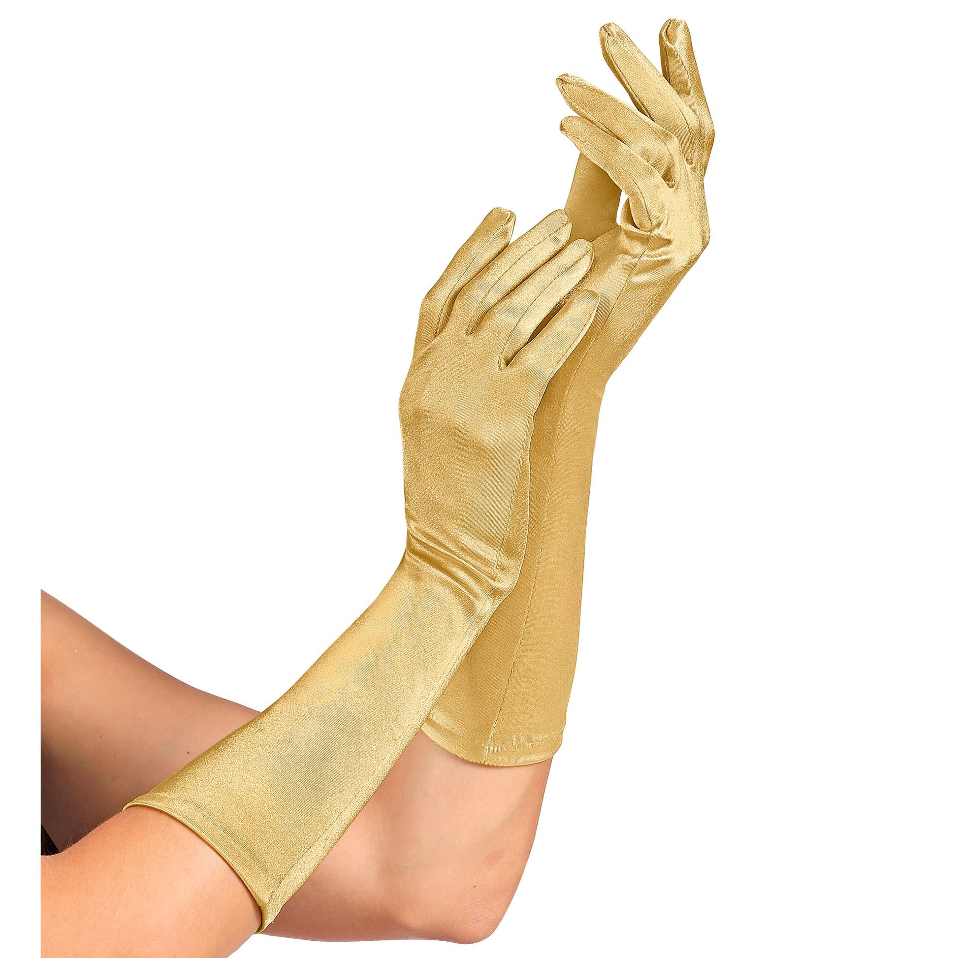"GOLDENE SATIN HANDSCHUHE IN ELASTHAN" 40 cm – Vorderansicht