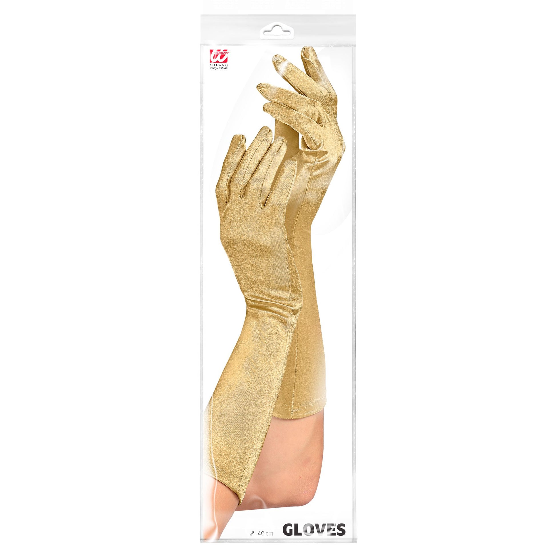 "GOLDENE SATIN HANDSCHUHE IN ELASTHAN" 40 cm – Detailansicht