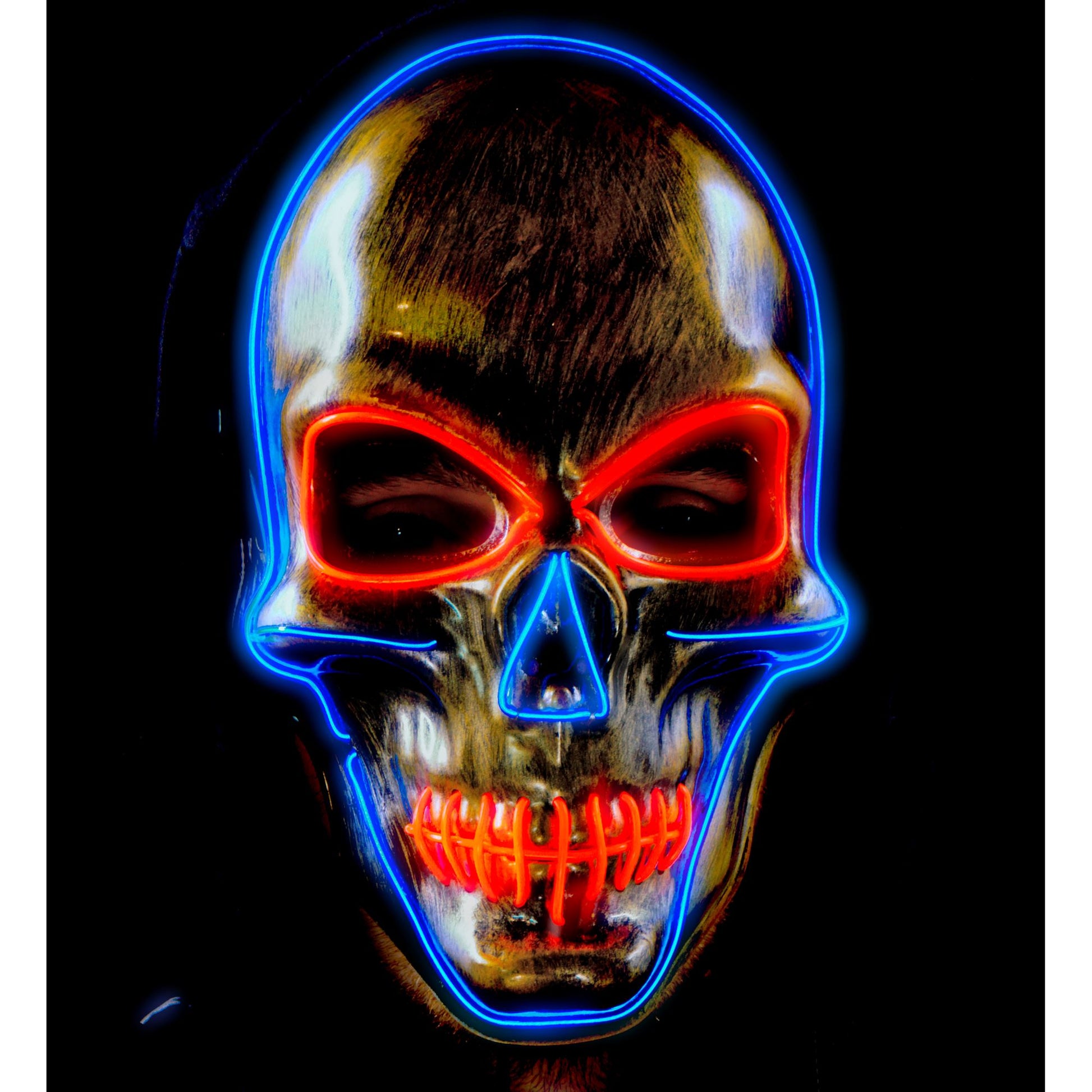 "GOLDENE TOTENKOPFMASKE MIT FARBIGEN LEDS" – Detailansicht