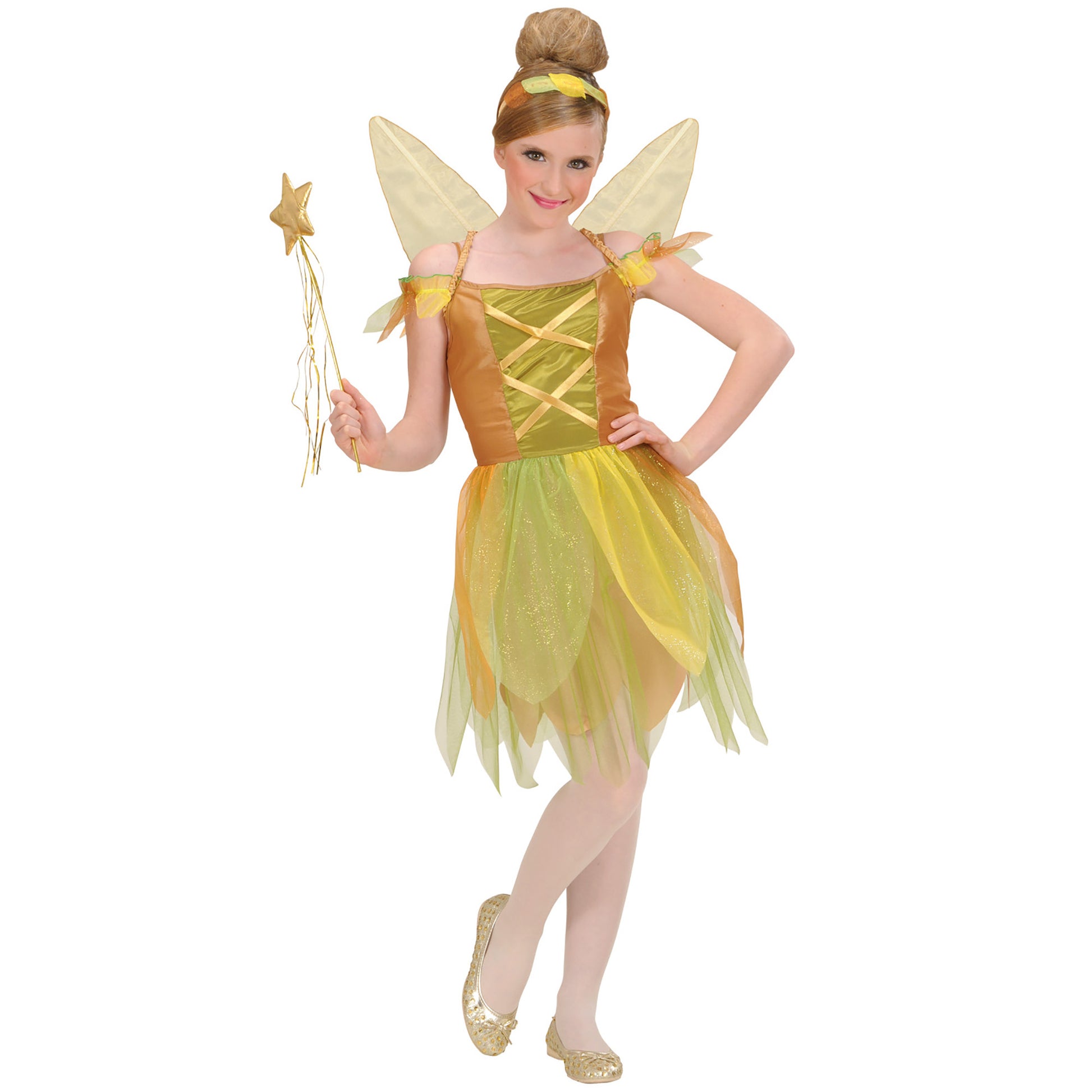 "GOLDENE WALDFEE" (Kleid, Flügel, Haarreif) – Vorderansicht