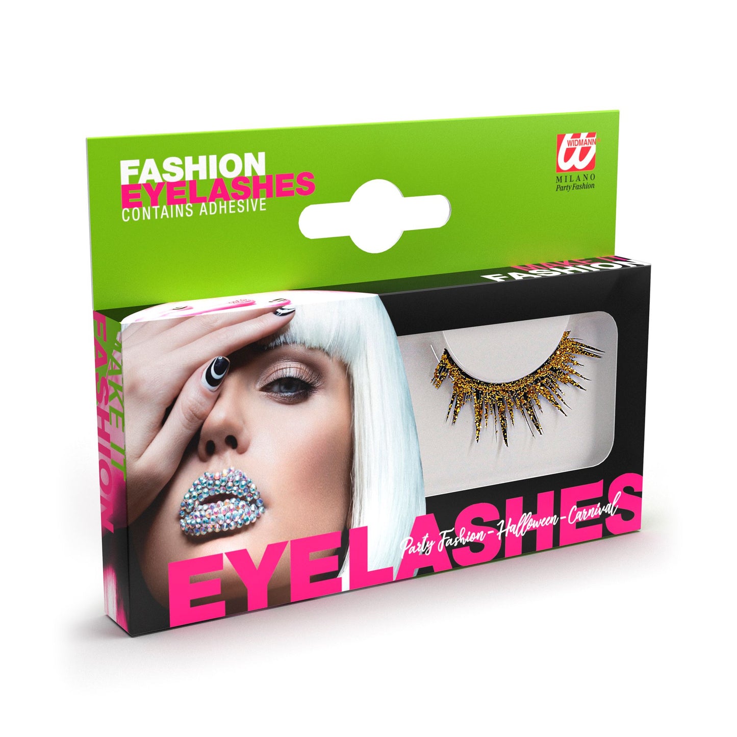 "GOLDENE WIMPERN" in Box mit Kleber in Glasflasche – Vorderansicht