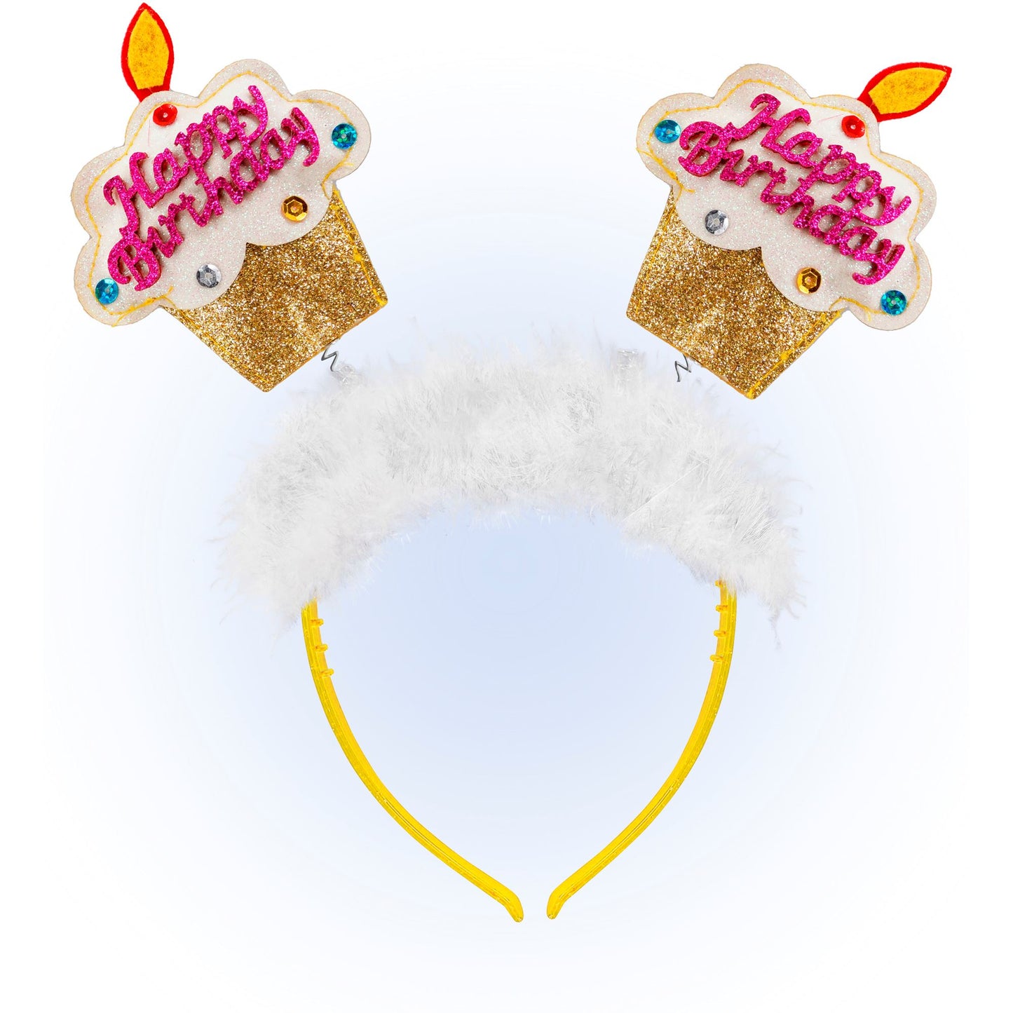 "GOLDENER HAPPY BIRTHDAY KUCHEN HAARREIF UND MARABU" – Vorderansicht