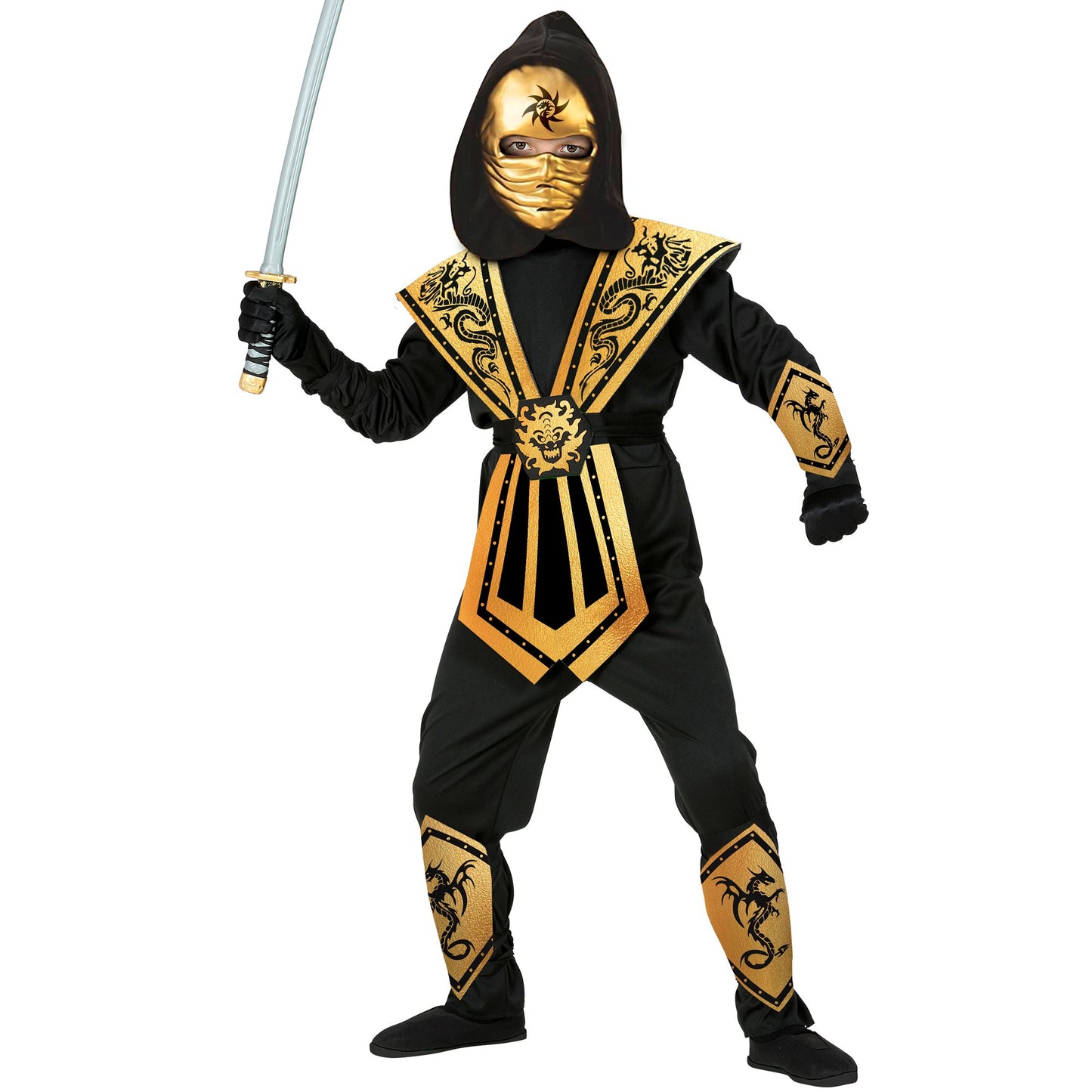 "GOLDENER KOMBAT NINJA" (Overall mit Kapuze, Brustrüstung, Gürtel, Arm- und Beinschnüre, Maske) – Vorderansicht