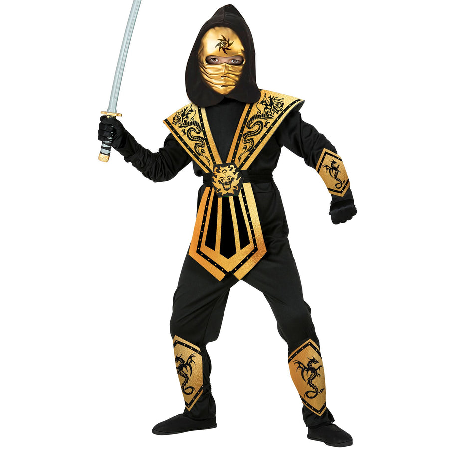 "GOLDENER KOMBAT NINJA" (Overall mit Kapuze, Brustrüstung, Gürtel, Arm- und Beinschnüre, Maske) – Vorderansicht